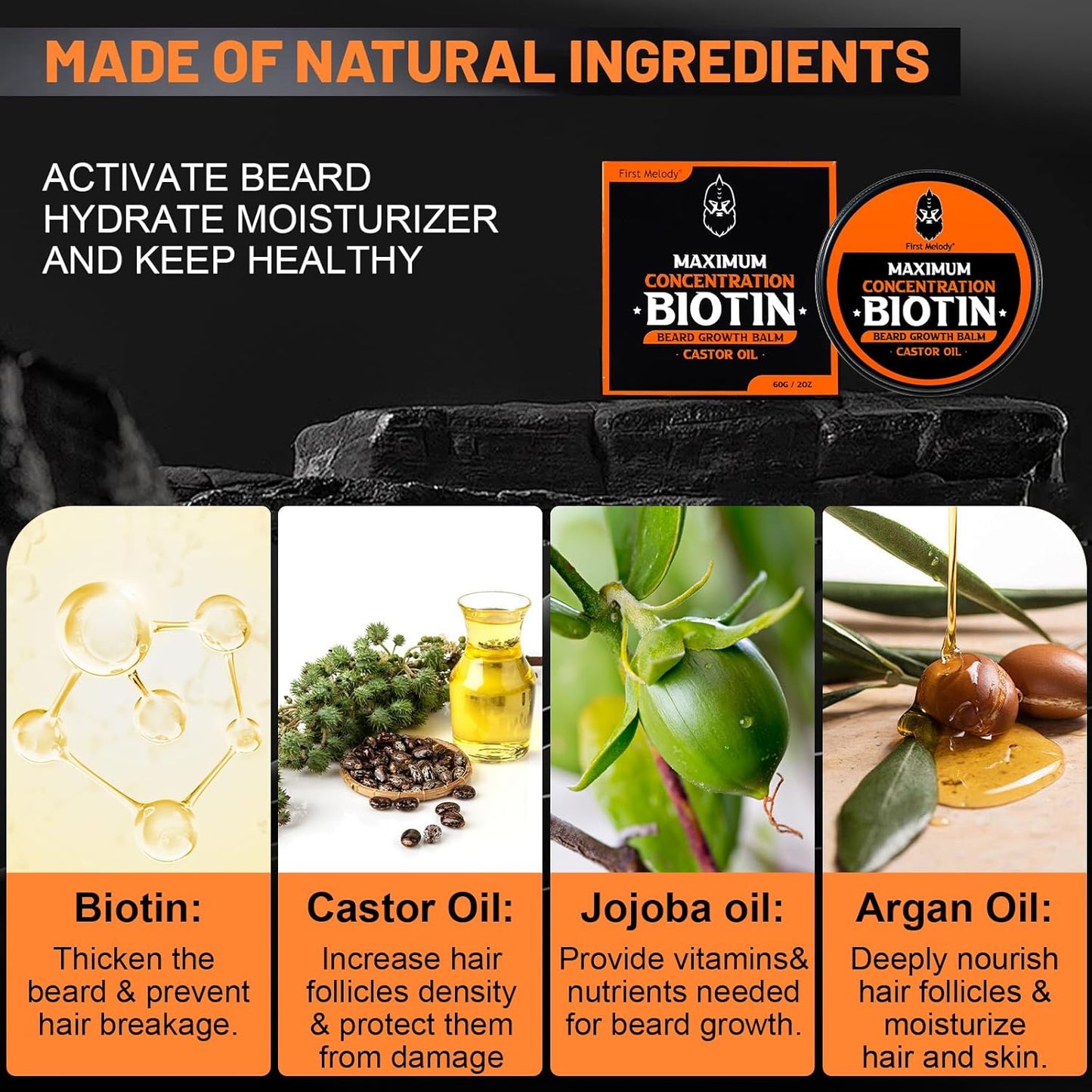 Beard Balm, 2X Concentration Biotin, with Castor Oil and Argan & Jojoba Oils, Promotes Beard Growth, Styles, Strengthens & Softens Beards & Mustaches, 2 Ounce