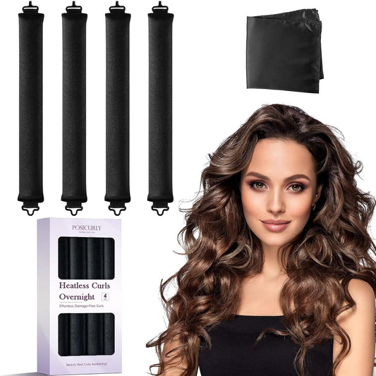 Heatless Curls Overnight Hair Curlers - 4 Pcs No-Heat Curling Rod to Sleep In,Velvet Hair Rollers with Satin Wrap