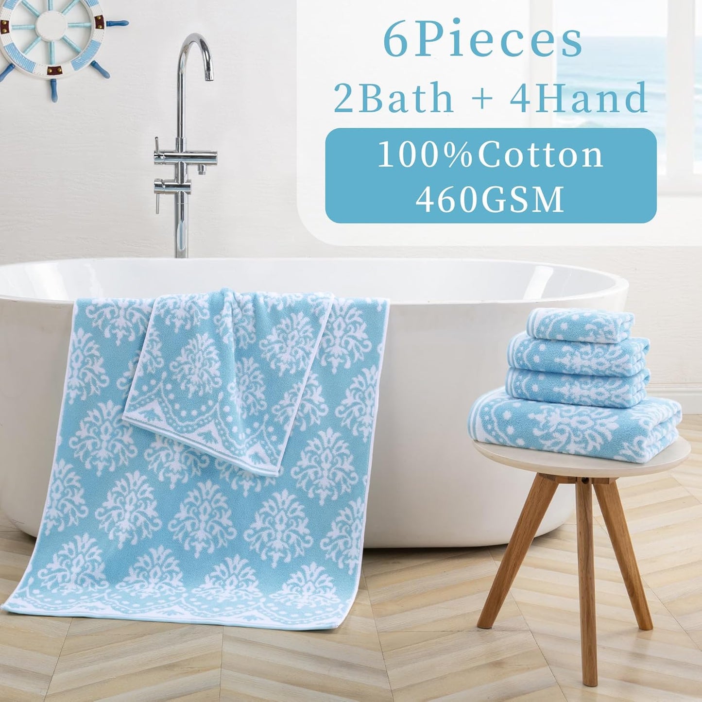 Towels for Bathroom - 100% Cotton | Quick Dry | Thick | Soft | Absorbent | Lightweight, 6PCS Patterned Towels Set, 2 Bath 28"x52", 4 Hand 16"x27", Decorative Towels Set, Aqua and White Damask Jacquard