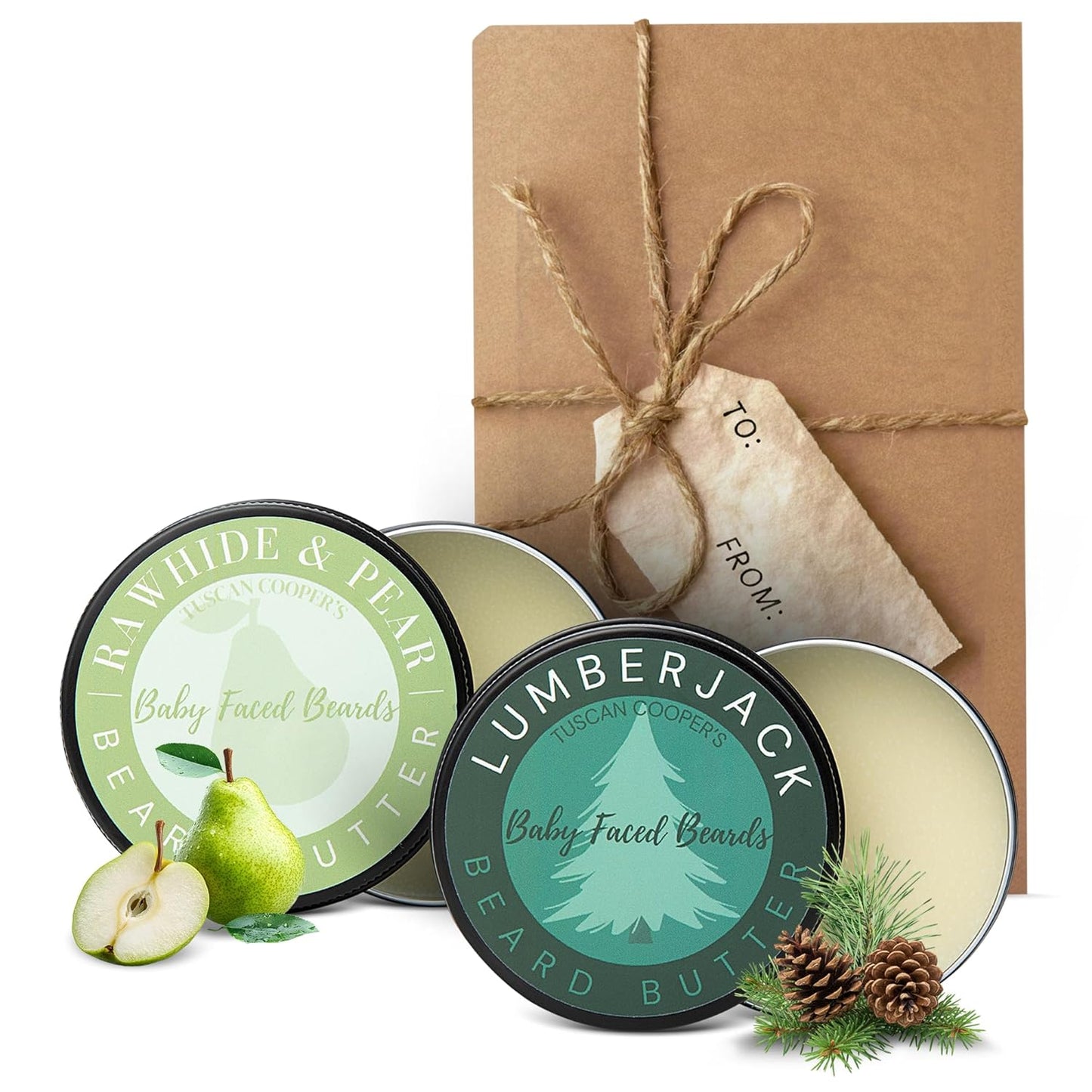 Tuscan Cooper's Baby Faced Beards Butter For Men - 2 Pack Bundle - Rawhide & Pear, and Lumberjack Scents - Moisturizing Beard Balm Cream and Softener for All Hair Types Including Coarse Hair