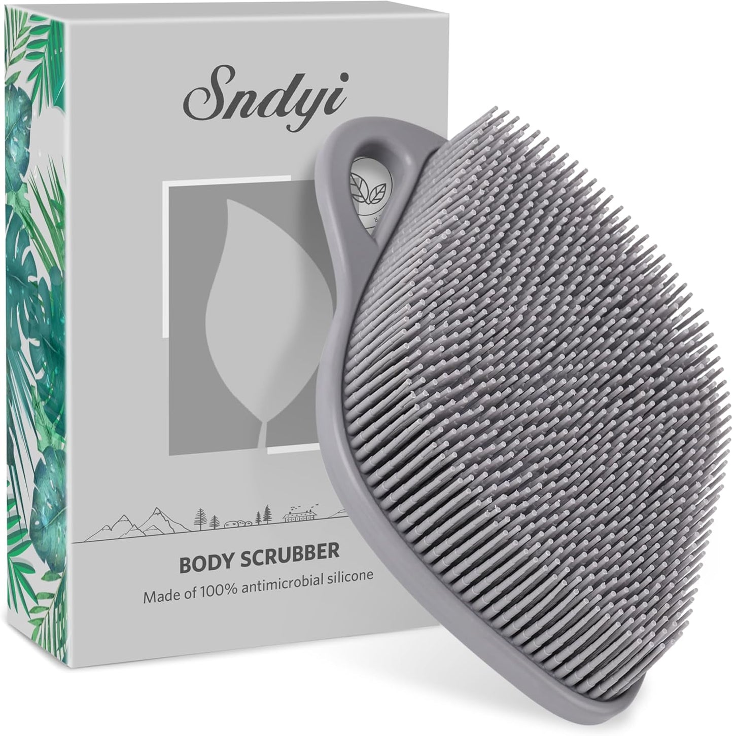 Sndyi Silicone Body Scrubber, Gentle Exfoliating Body Scrubber for Sensitive Skin, Leaf Shaped Shower Scrubber for Body with Lathering Bristles, Silicone Loofah Body Brush for Showering, Gray