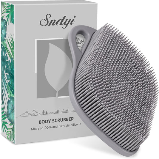 Sndyi Silicone Body Scrubber, Gentle Exfoliating Body Scrubber for Sensitive Skin, Leaf Shaped Shower Scrubber for Body with Lathering Bristles, Silicone Loofah Body Brush for Showering, Gray