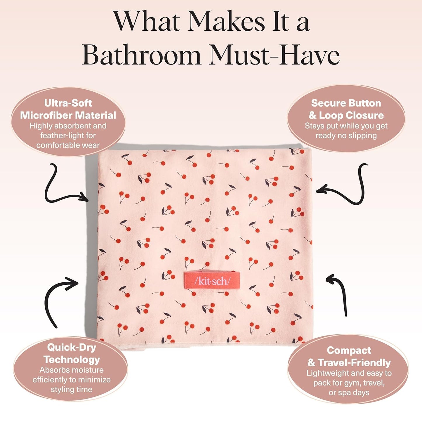 Kitsch XL Microfiber Hair Towel Wrap for Women – Ultra Absorbent Microfiber Towel for Wet, Curly, Long or Short Hair – Quick Dry, Anti-Frizz Hair Wrap – Cherry Print, 40x24 inches