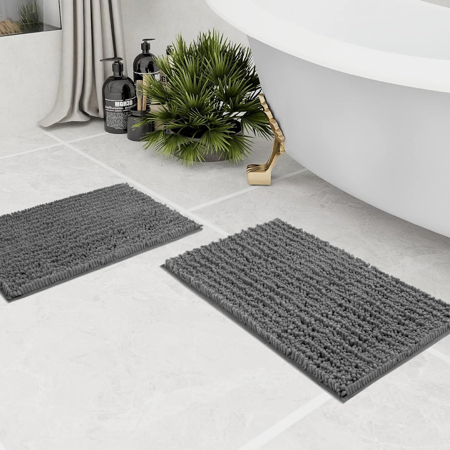 Walensee Bathroom Rug 2 Pieces Set Non Slip Bath Mat (17x24 Plus 20x32 Inch Grey/Gray) Water Absorbent Super Soft Shaggy Chenille Machine Washable Dry Extra Thick Perfect Carpet for Shower Floor