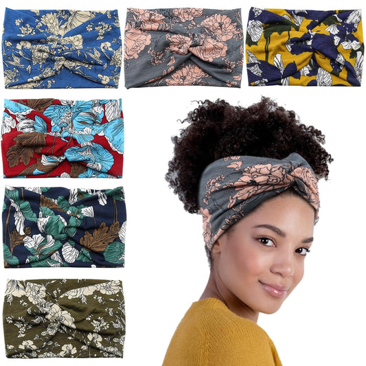 Wide Headbands for Women Girls,Floral Printed Boho Headband Turban Knot Hairband Twist Workout Headbands Fashion Yoga Hair Bands,Pack of 6