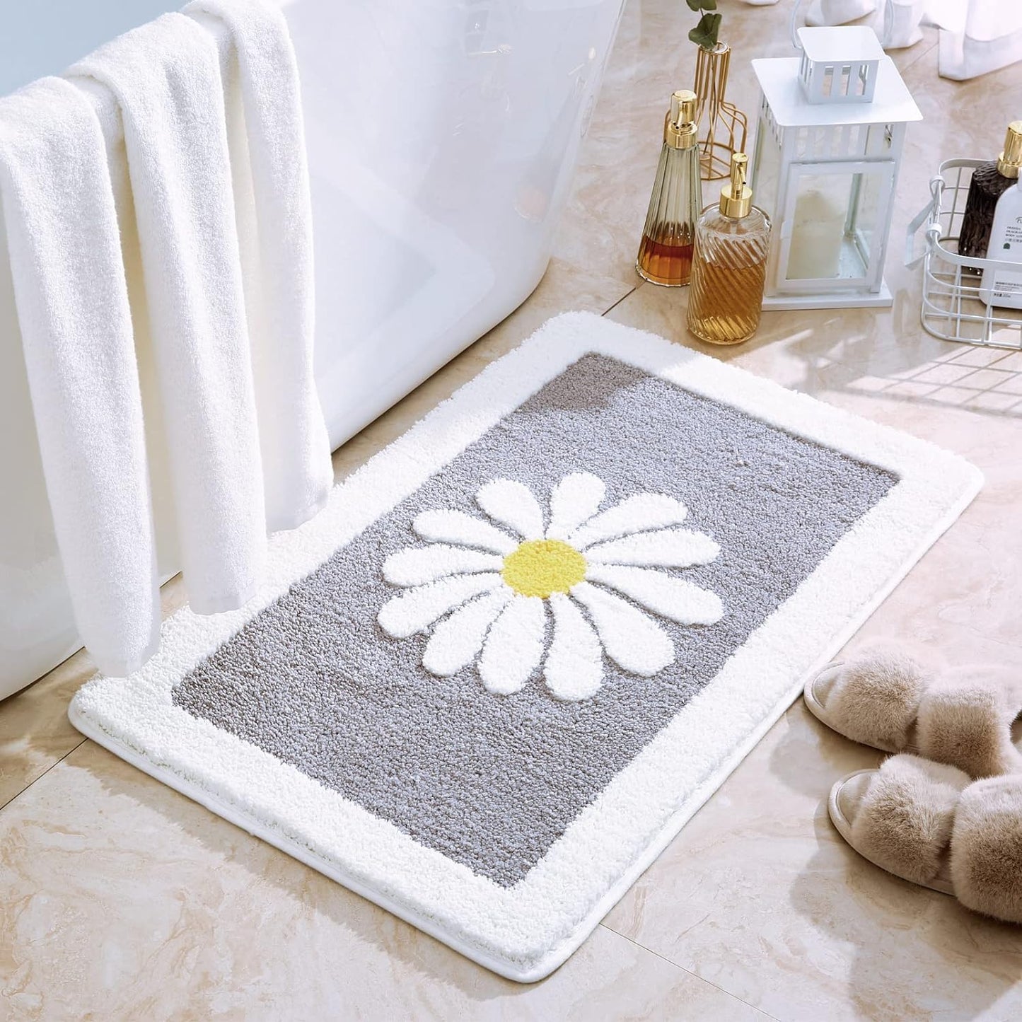 Bathroom Rugs Mat, White Flower Bath Rugs Fluffy Soft Superfine Fiber Non Slip Plush Machine Wash Bath Mat (16"×24", Gray)