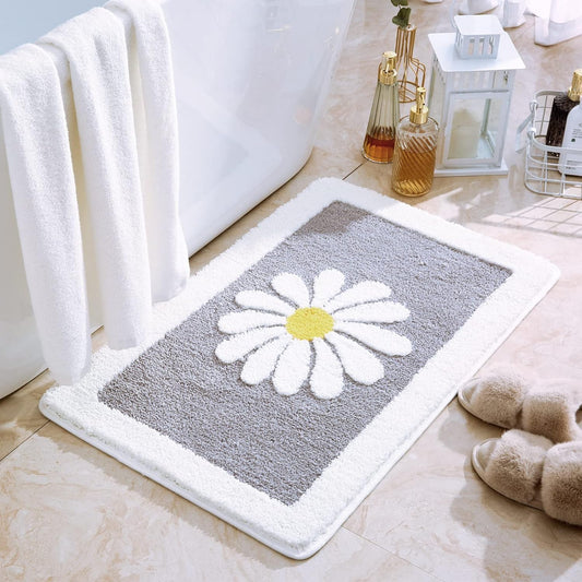 Bathroom Rugs Mat, White Flower Bath Rugs Fluffy Soft Superfine Fiber Non Slip Plush Machine Wash Bath Mat (16"×24", Gray)