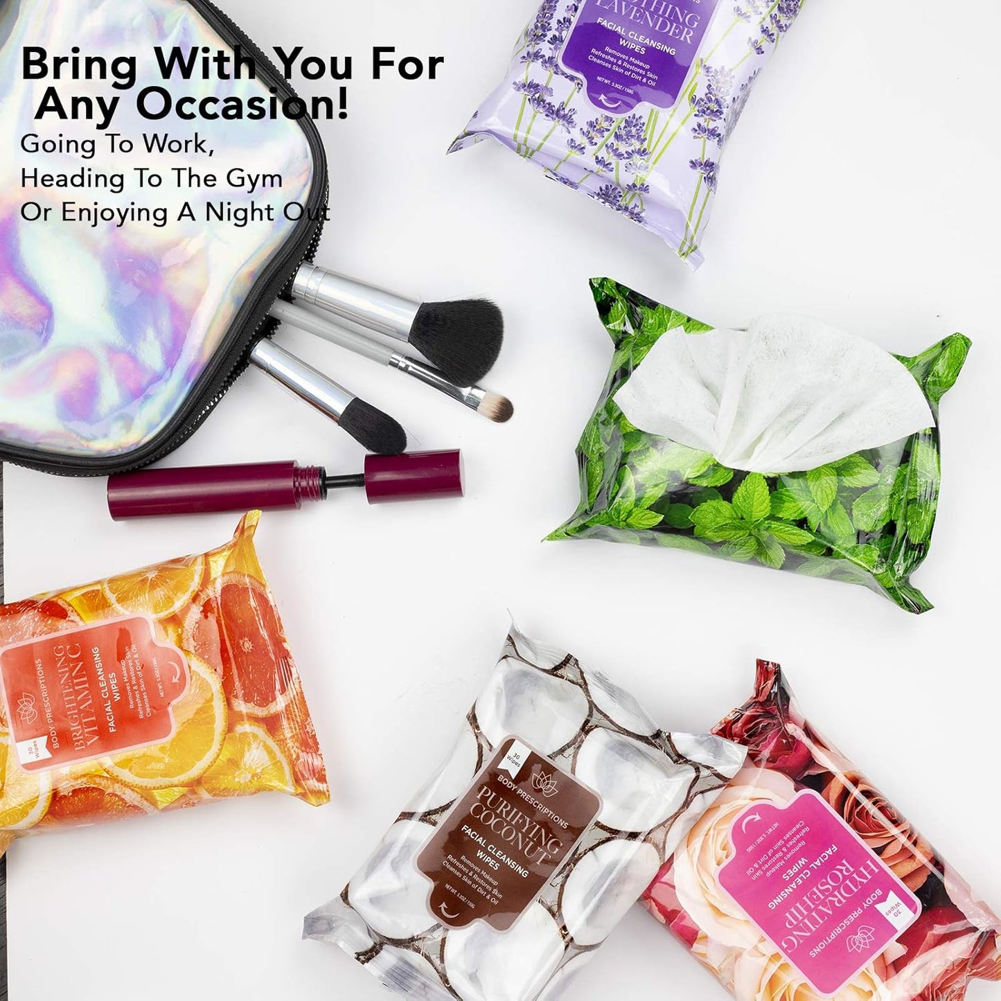 Body Prescriptions Makeup Remover Wipes - Bulk Pack, Gentle Cleansing Wipes for Easy Makeup Removal, Mint, Rosehip, Vitamin C, Lavender & Coconut