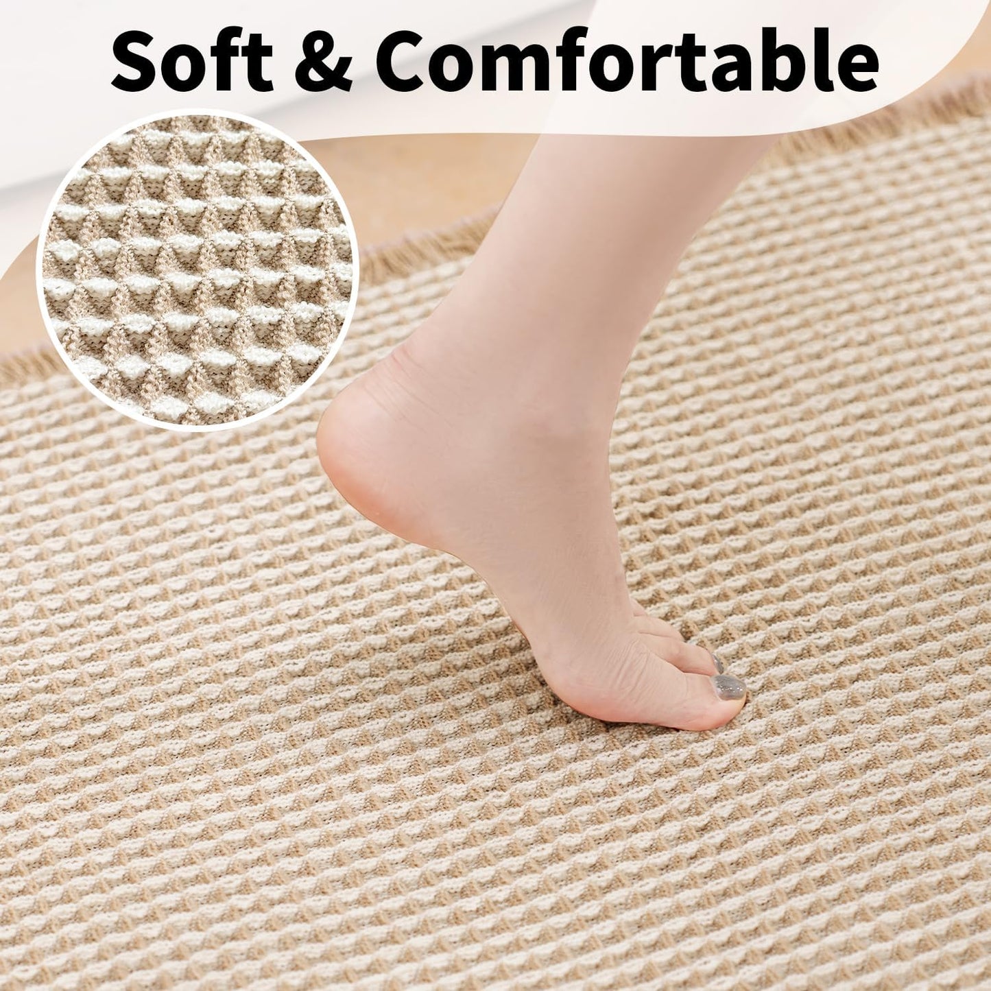 Waffle Runner Bath Mat - Long Boho Bathroom Rugs Non Slip Washable, Super Absorbent & Quick Dry, Soft Bath Mat Farmhouse Bathroom Decor, 24'' x 72'', Khaki and White