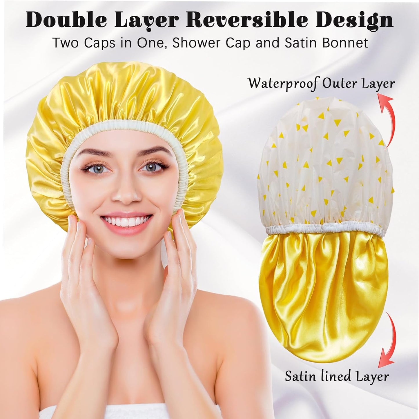 Shower Cap for Women, Shower Caps Reusable Waterproof, Large Plastic Satin Lined Shower Cap for Braids Long Hair