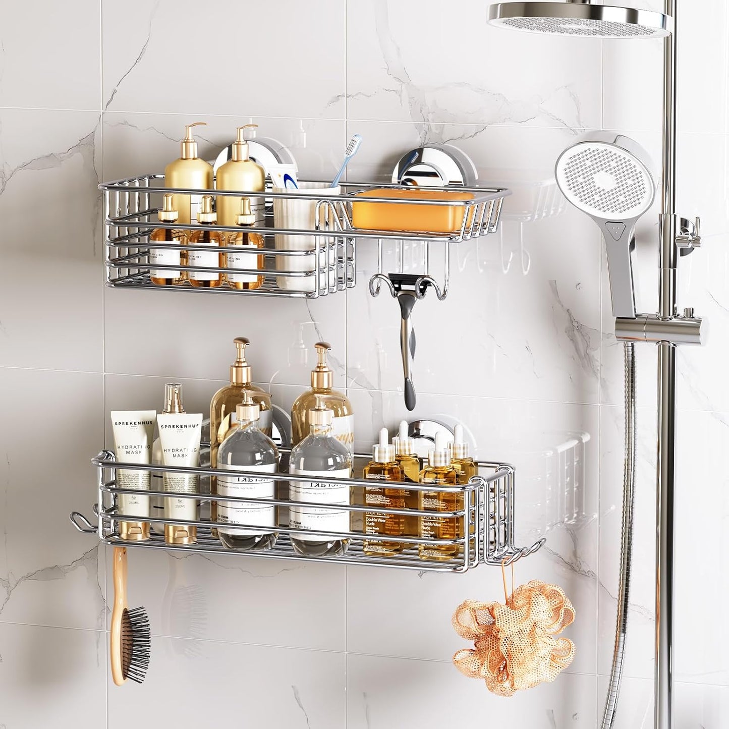 LEVERLOC Shower Caddy Suction Cup, 2 Pack Heavy Duty Bathroom Organizer for Inside Shower with Hooks & Soap Holder, Removable and Rustproof Silver Bathroom Holder Storage
