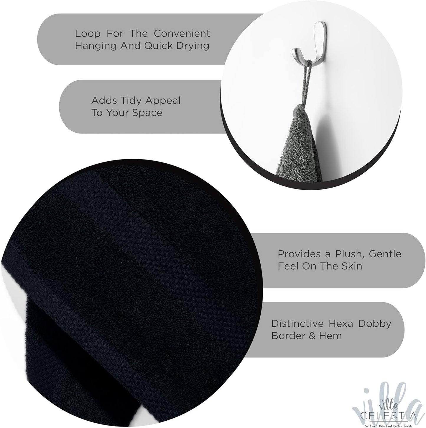 100% Cotton Hand Towel Set of 2, (16 x 28 inches) Sustainable, Soft, Highly Absorbent, Quick Drying, Combed Cotton Hand Towels Pack of 2 Ideal for Hotels, Spa, Bathroom, Dorm, Black