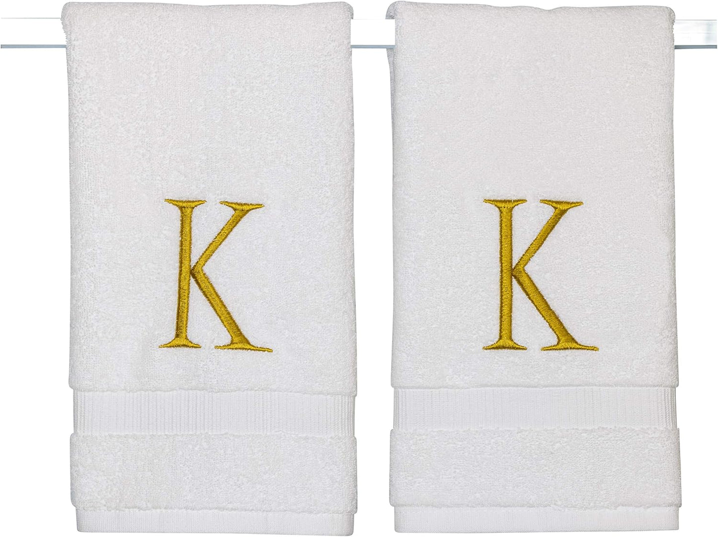 Monogrammed Hand Towels for Bathroom - Luxury Hotel Quality Personalized Initial Decorative Embroidered Bath Towel for Powder Room, Spa - GOTS Organic Certified - Set of 2 Gold Letter K