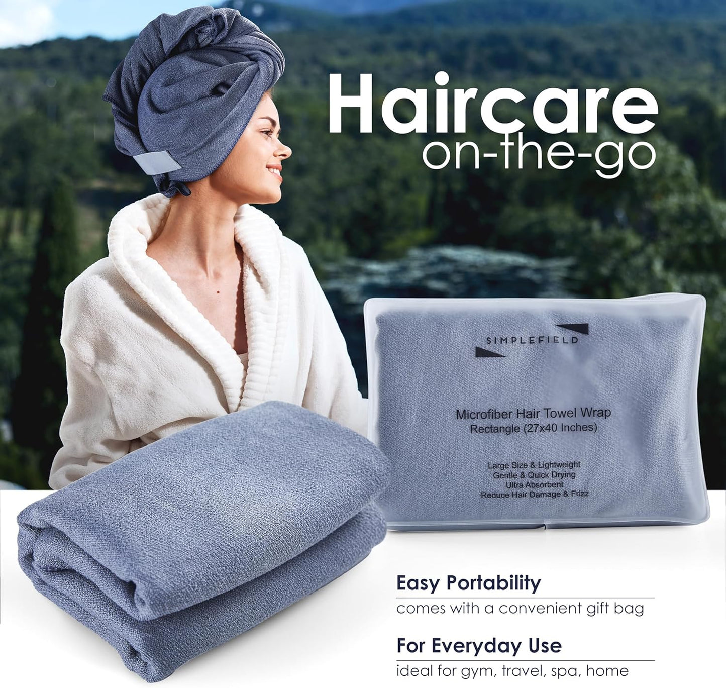 Large Microfiber Hair Towel Wrap for Women (27x40 Inches). Anti Frizz Rectangle Drying Towel with Elastic Band for Long, Curly, and Thick Hair. Includes Reusable Carry Bag (Grey)