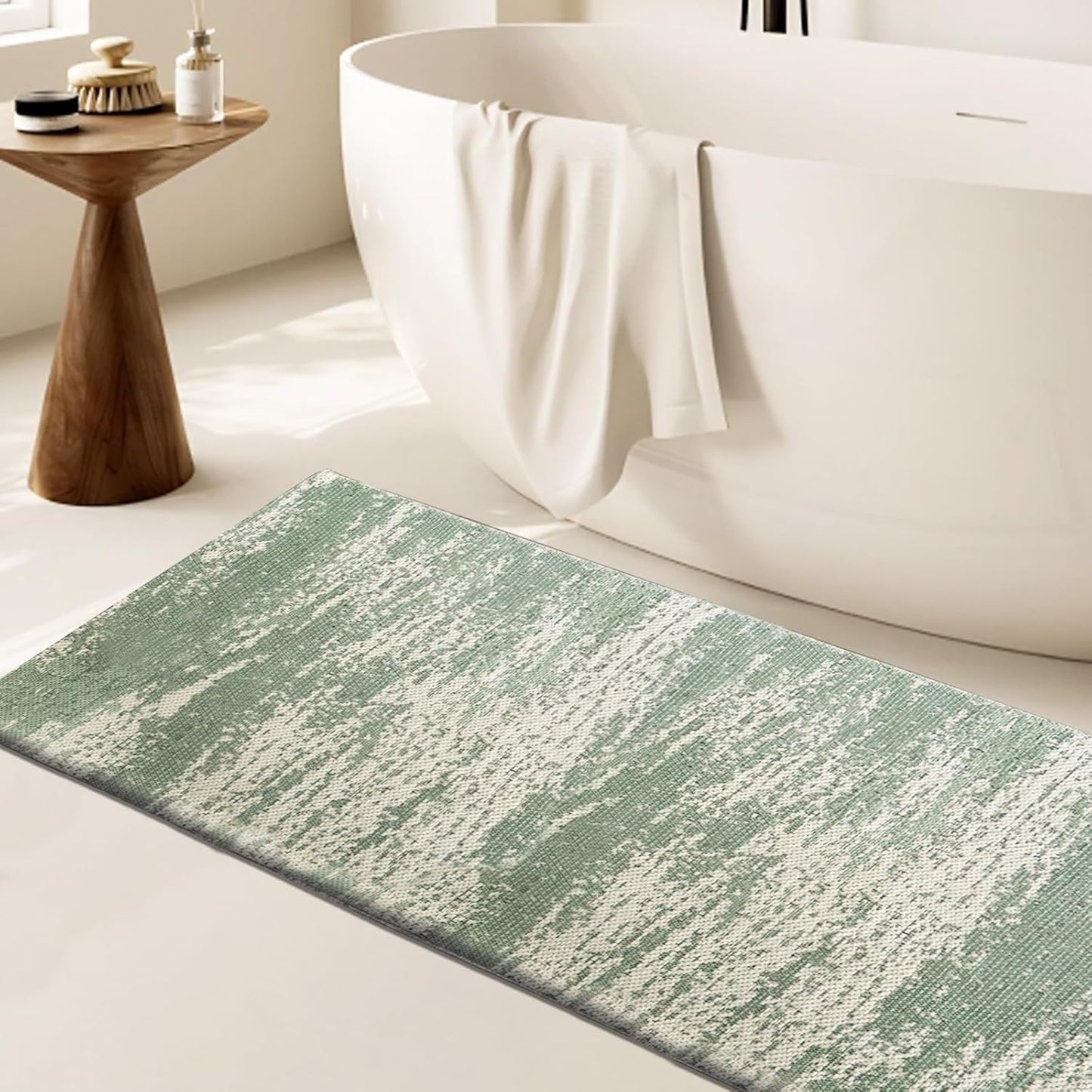 HDFK Graffiti Bath Mat | Non Slip Water Absorbent Quick Dry Woven Floor Mats | Thin Machine Washable Modern Shower Rug | Low Pile Profile Small Vanity Room Bathroom Rugs | 24x17.7 Inch Sage Green