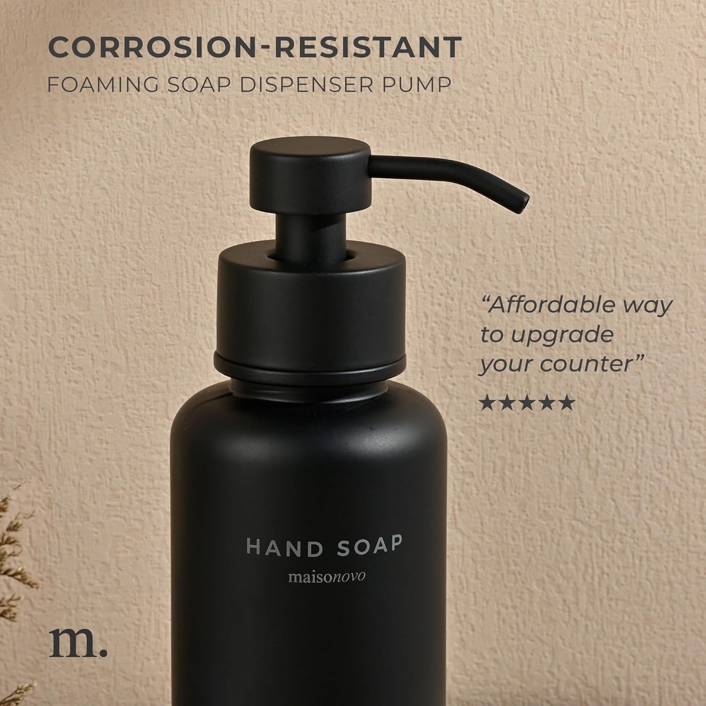 MaisoNovo Glass Foaming Hand Soap Dispenser 14 Oz | Black Foaming Soap Dispenser Black Pump x 1 w/Labels