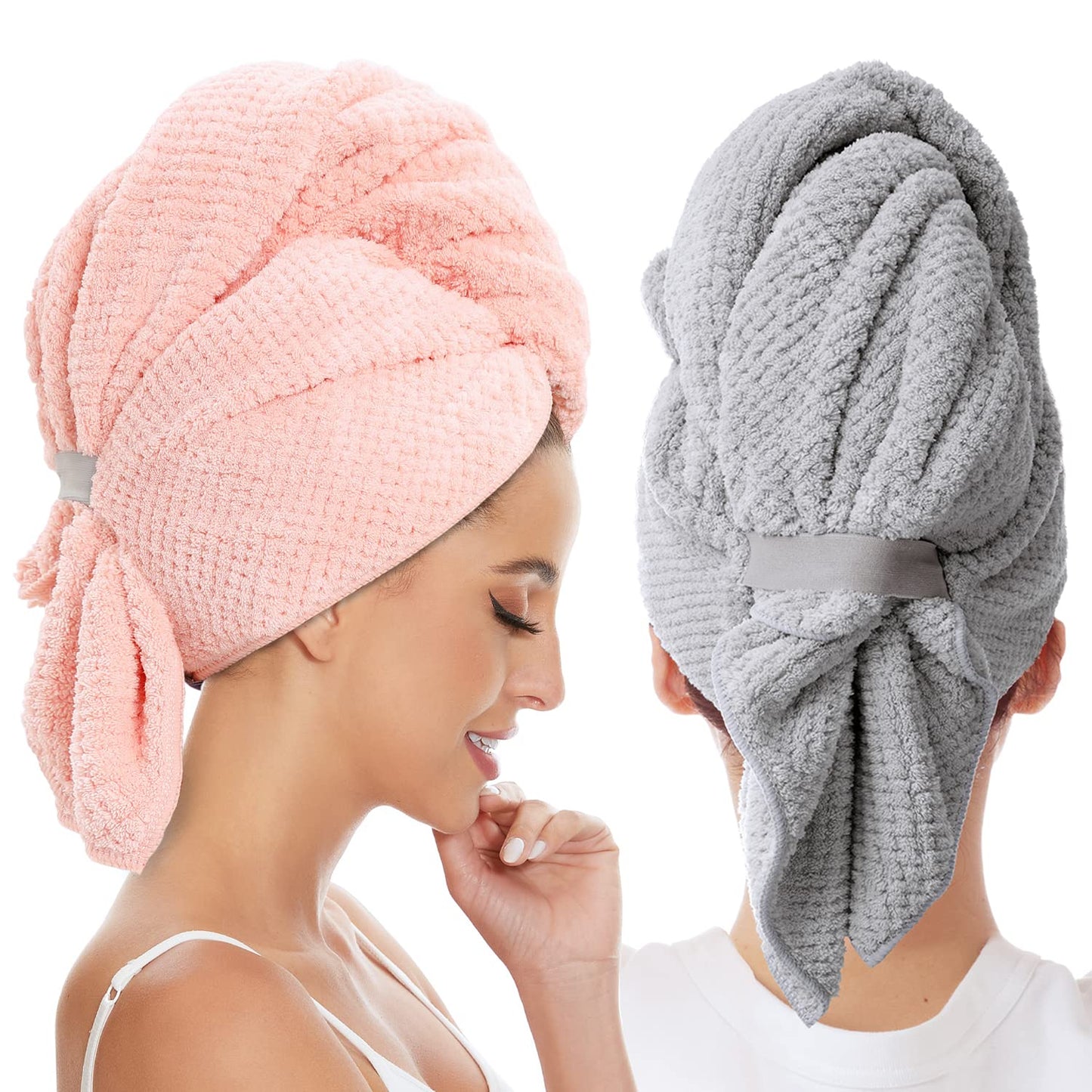 2 Pack Large Microfiber Hair Towel Wrap for Women, Anti Frizz Hair Drying Towels, Fast Dry Hair Turban - for Wet, Long, Thick, Curly Hair - Super Absorbent Soft Towels - Gray & Pink