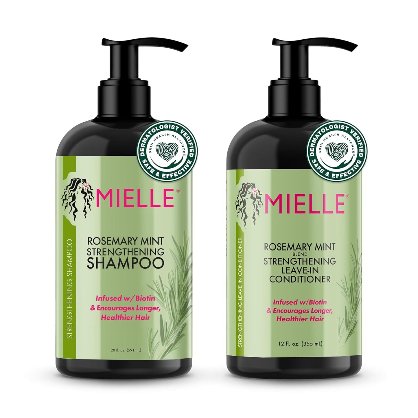 Mielle Organics Rosemary Mint Strengthening Shampoo and Leave-In Conditioner Infused with Biotin, Cleanses and Helps Strengthen Weak and Brittle Hair, 12 Ounces