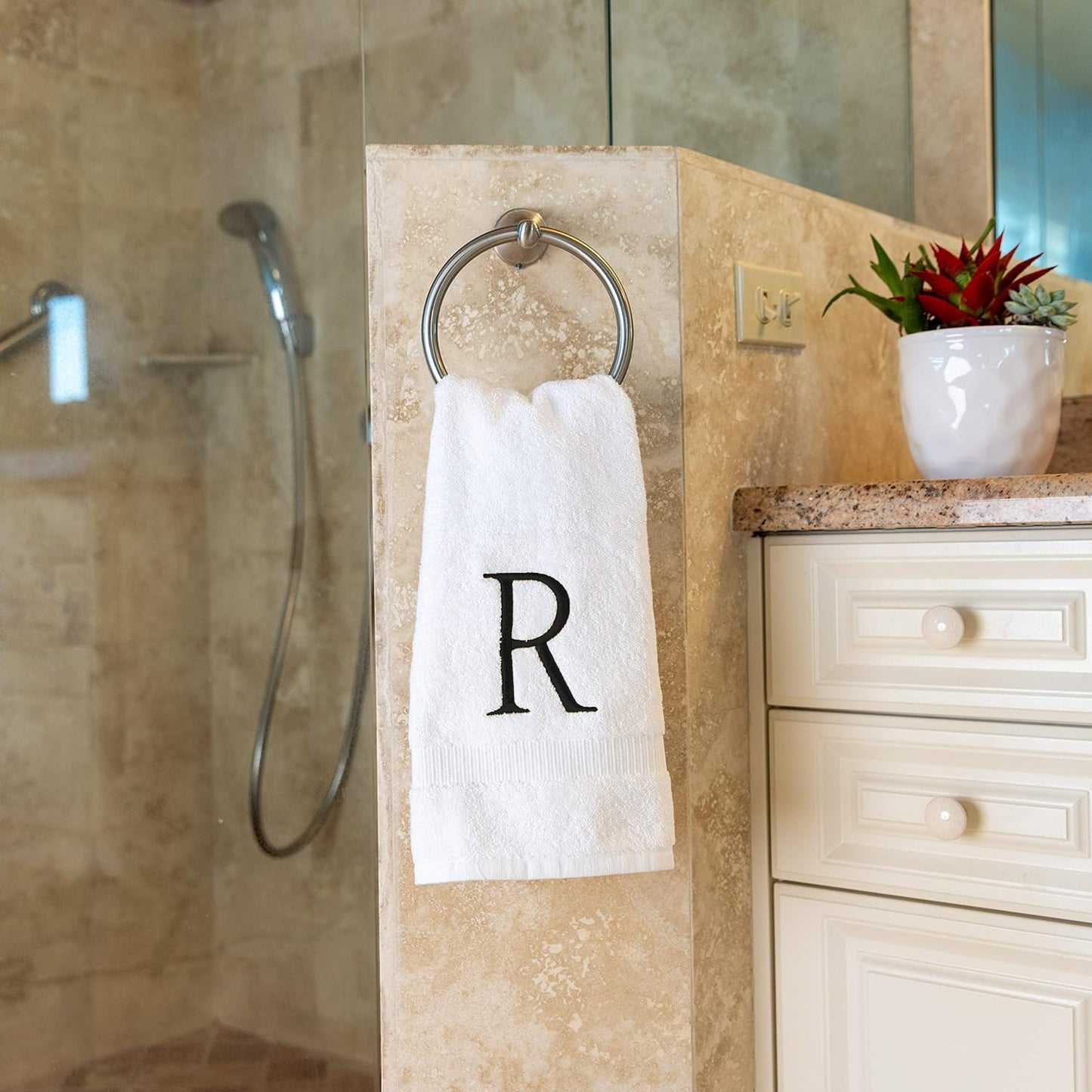 White and Black Monogrammed Hand Towel - Monogram Initial Hotel Quality Decorative Embroidered Luxury Towel for Powder Room, Spa - GOTS Organic Certified - Set of 2 Letter R
