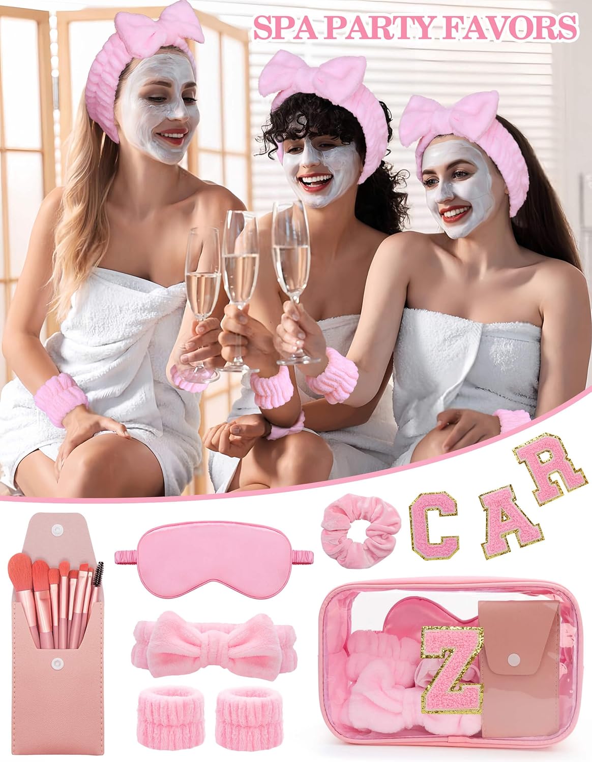 Gift Sets for Women, Initial Makeup Bag with Makeup Brush Set Bachelorette Party Favors, Pink Spa Kit with Skincare Headbands Wrist Bands Sleepover Party Supplies Gifts for Teen Girls Bridesmaid Z