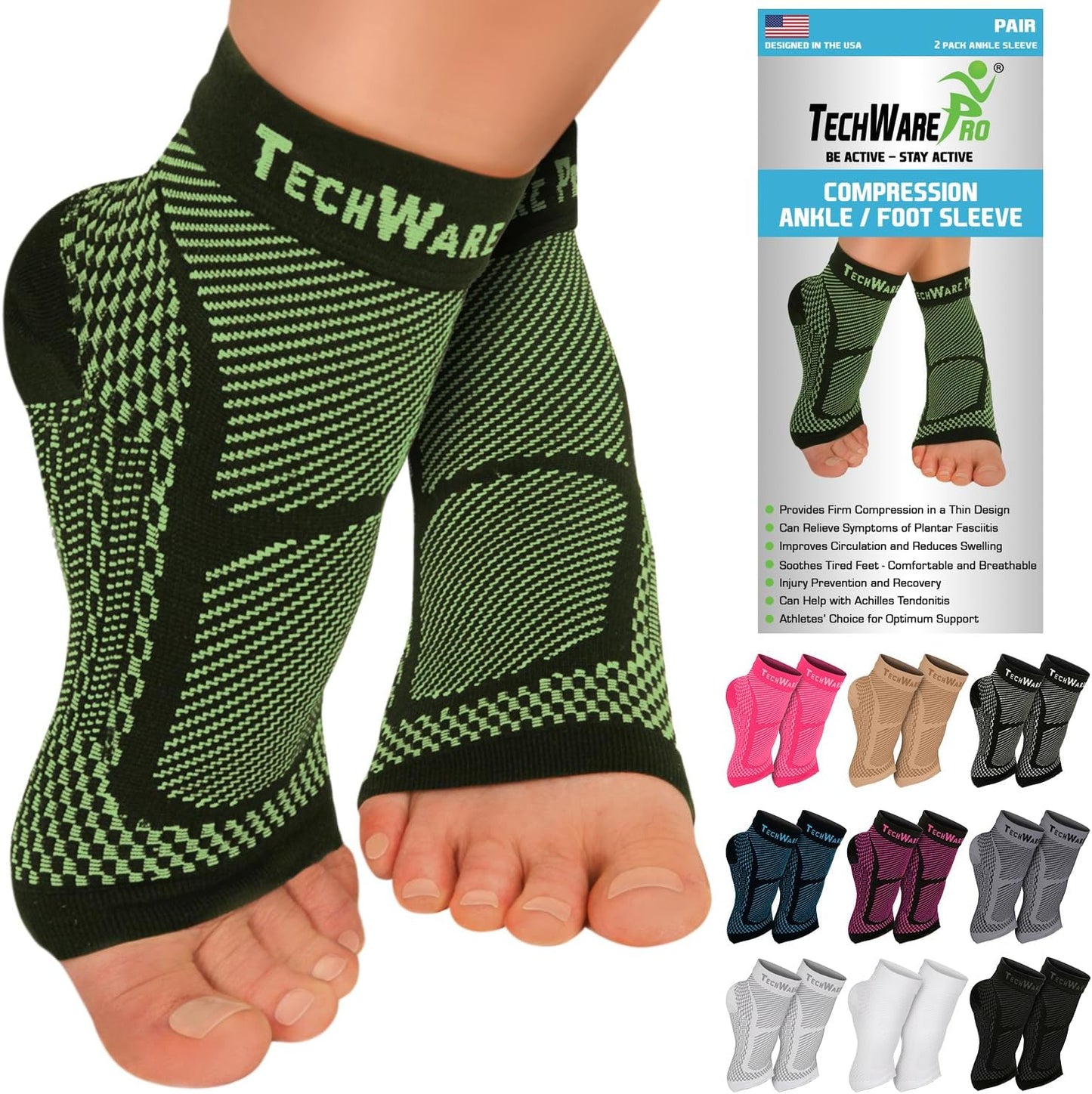 TechWare Pro Ankle Brace Compression Sleeve - Plantar Fasciitis Sock. Relieves Achilles Tendonitis. Foot Arch Support Reduces Joint Pain, Swelling & Heel Spur Pain. Injury Recovery Braces for Sports