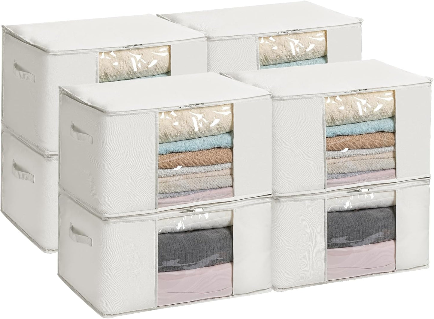 TYEERS Large Storage Bags with Zipper and Clear Window, Cotton Blended Fabric Storage Containers for Seasonal Clothes and Bedding, 23.6x15.7x13.8 Inches, 8-Pack, Beige
