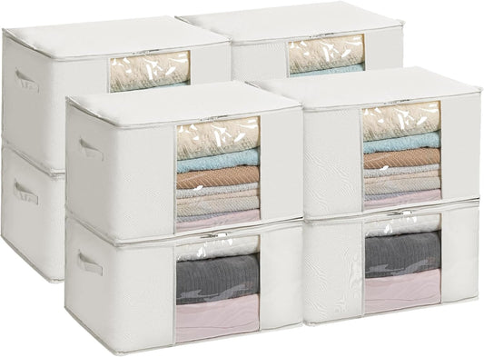 TYEERS Large Storage Bags with Zipper and Clear Window, Cotton Blended Fabric Storage Containers for Seasonal Clothes and Bedding, 23.6x15.7x13.8 Inches, 8-Pack, Beige