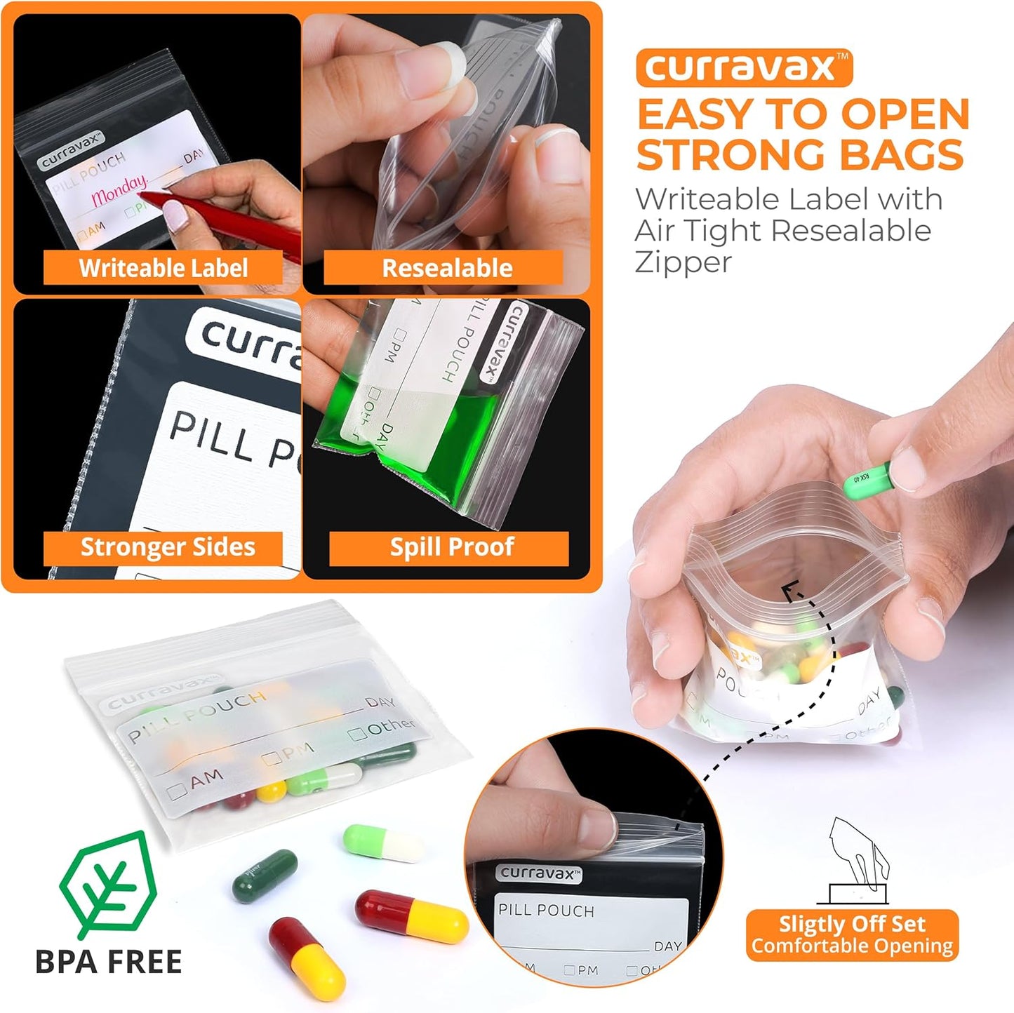 Pill Pouch Bags for Travel Pack of 125- BPA Free 3 x 2.75 inch Pill Pouch - Pill Pouches for Medicine with Write on Label –Clear Ziplock Pill Baggies for Medicine Organizer