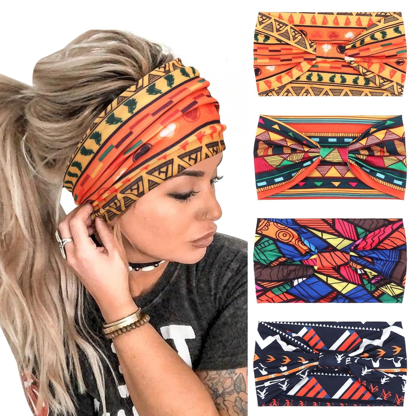 DRESHOW Wide Headbands for Women Knotted Turban HairBands Boho Head Bands for Women's Hair Non-Slip Yoga Workout Hair Accessories 4 Pack