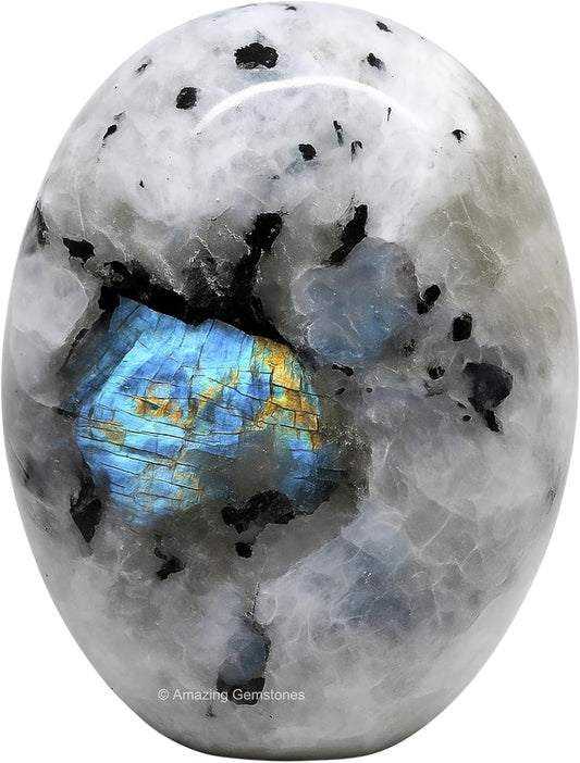 Amazing Gemstone Rainbow Moonstone Crystals and Healing Stones - Large Palm Stone Crystals Piedra - Crystal for Good Luck, Positive Energy, Meditation - Unique Stocking Stuffers Gifts for Women, Men