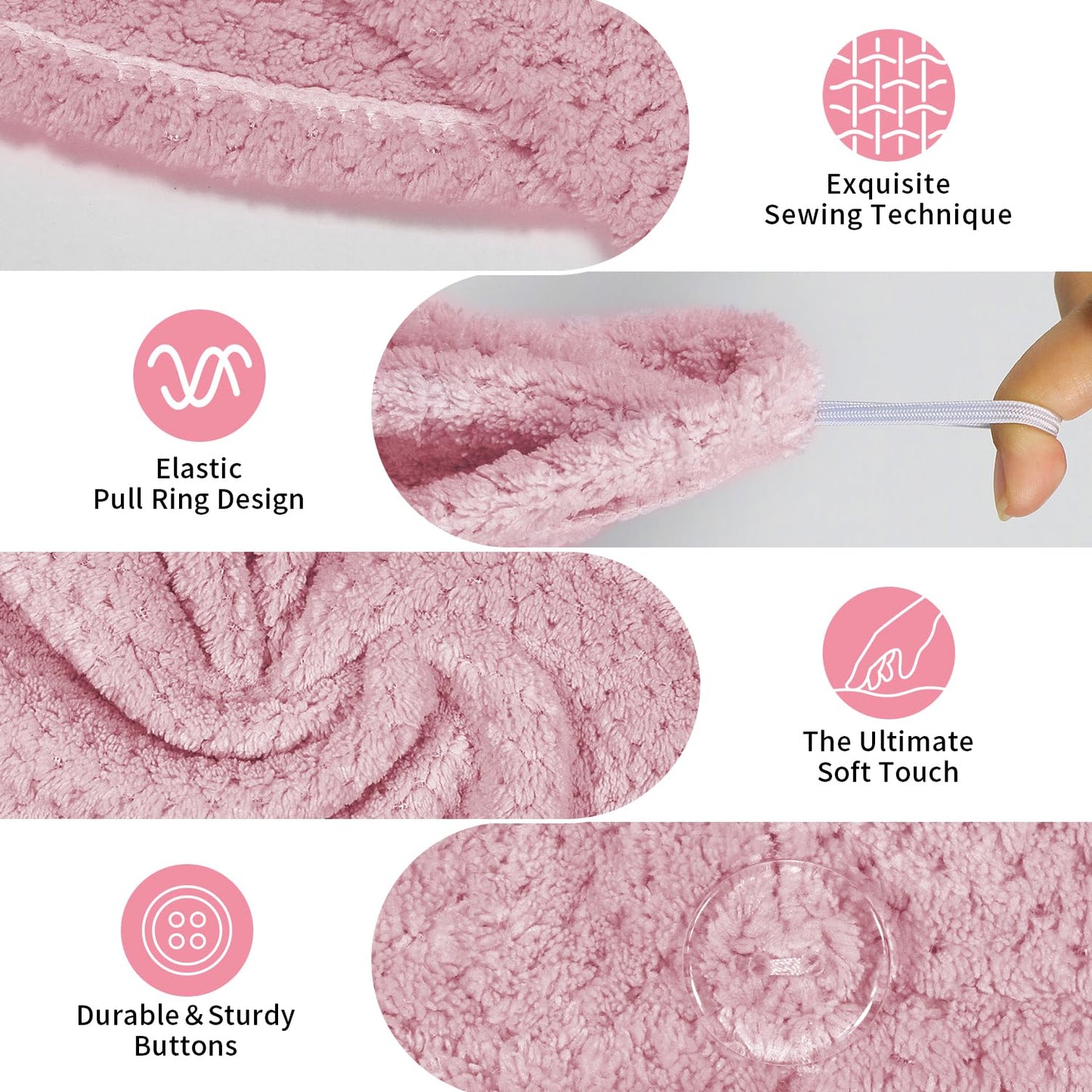 3 Pack Hair Towel Wrap for Women, 25.4" x 9.8" Microfiber Towels, Super Absorbent Quick Dry with Button for Curly Hair Anti Frizz (Pink,White,Purple)