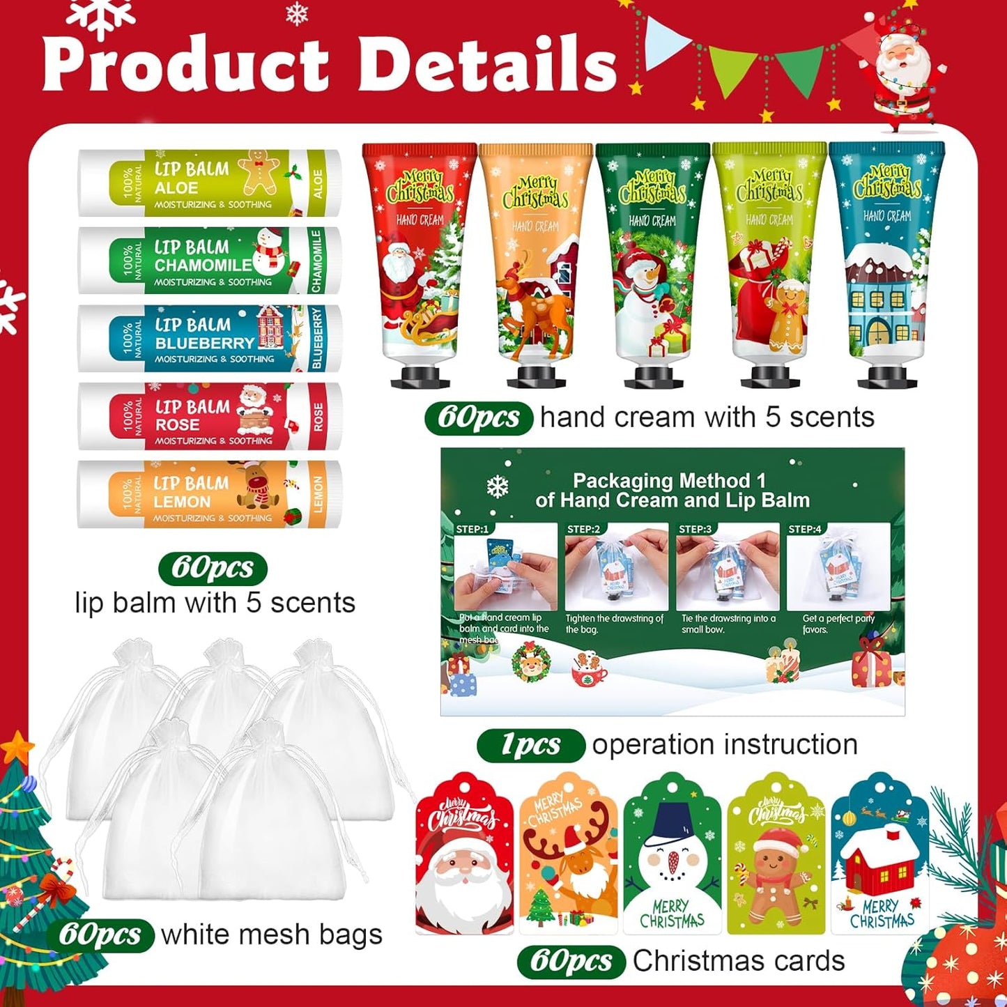 60 Pack Christmas Hand Cream and Lip Balm Set, Stocking Stuffers for Women, Bulk Hand Lotion for Christmas Gifts, Christmas Party Favors, Party Supplies and Christmas Decorations