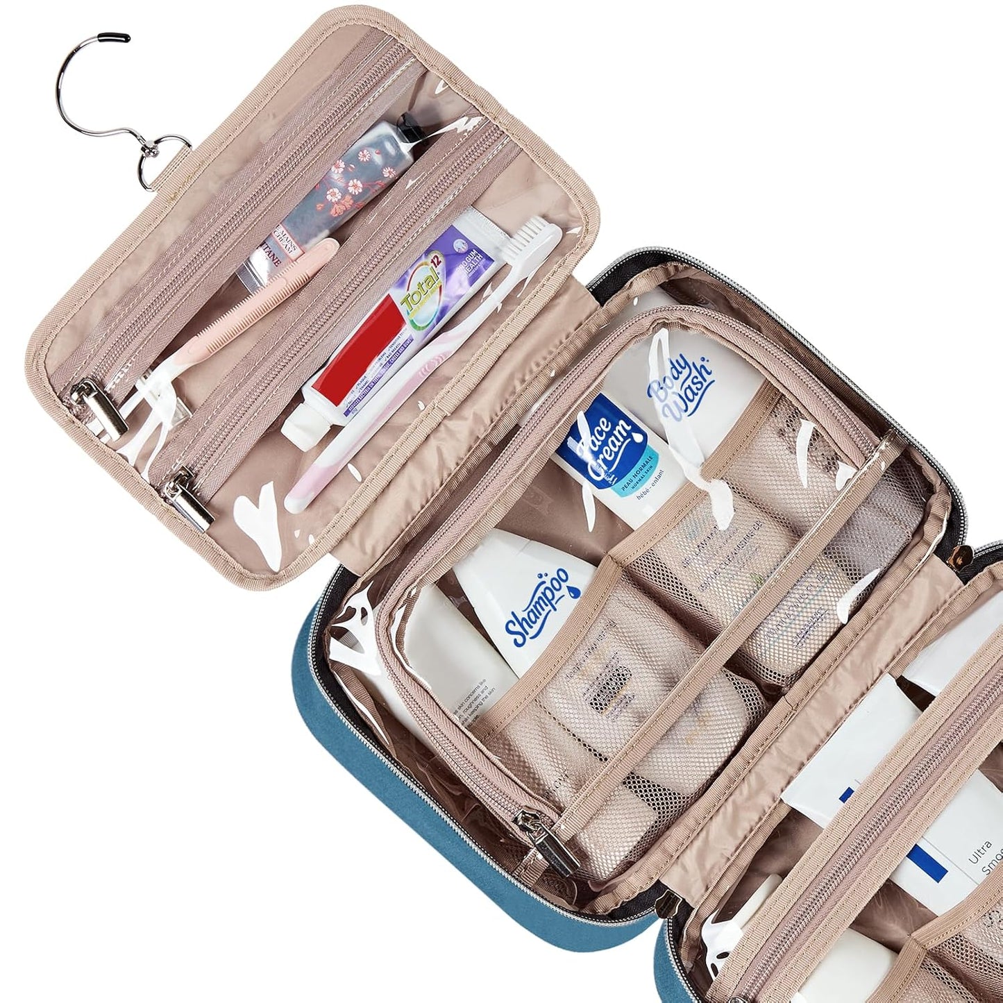 NISHEL Travel Toiletry Bag for women, Portable Hanging Organizer for Travel-Sized Shampoo, Conditioner, Brushes Set, Makeup Accessories, Medium Size, Lake-Blue