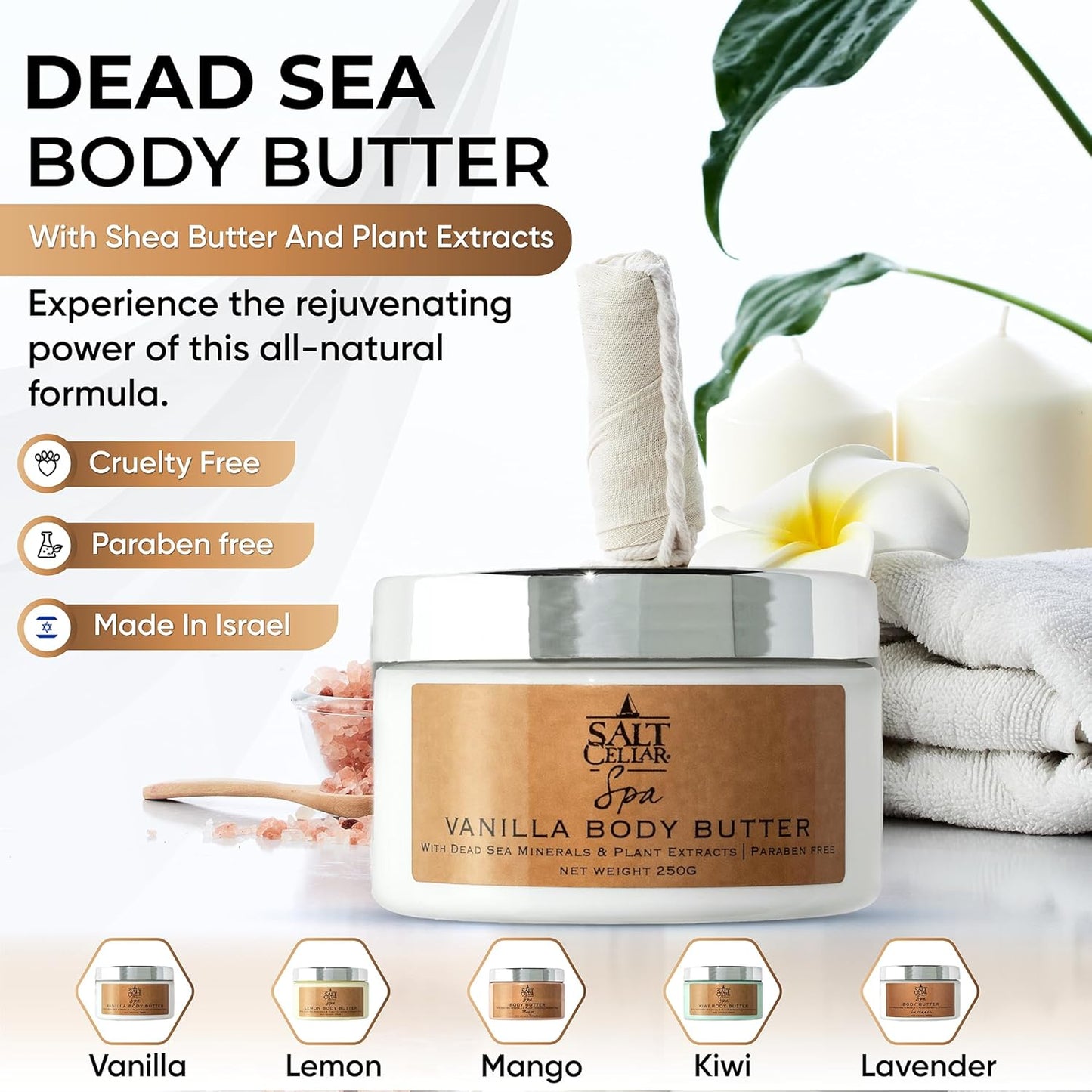 Salt Cellar Spa Lavender Body Butter for Women, Made with Dead Sea Minerals, Shea Butter & Plant Extracts, Luxurious Skin Rejuvenation & Moisturization, Made in Israel, Cruelty-Free, Paraben Free