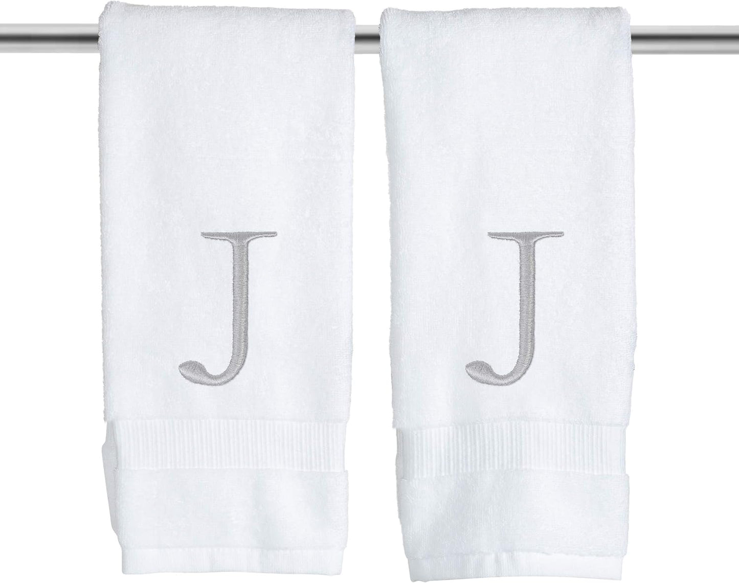 Monogrammed Hand Towels for Bathroom - Luxury Hotel Quality Personalized Initial Decorative Embroidered Bath Towel for Powder Room, Spa - GOTS Organic Certified - Set of 2 Letter J