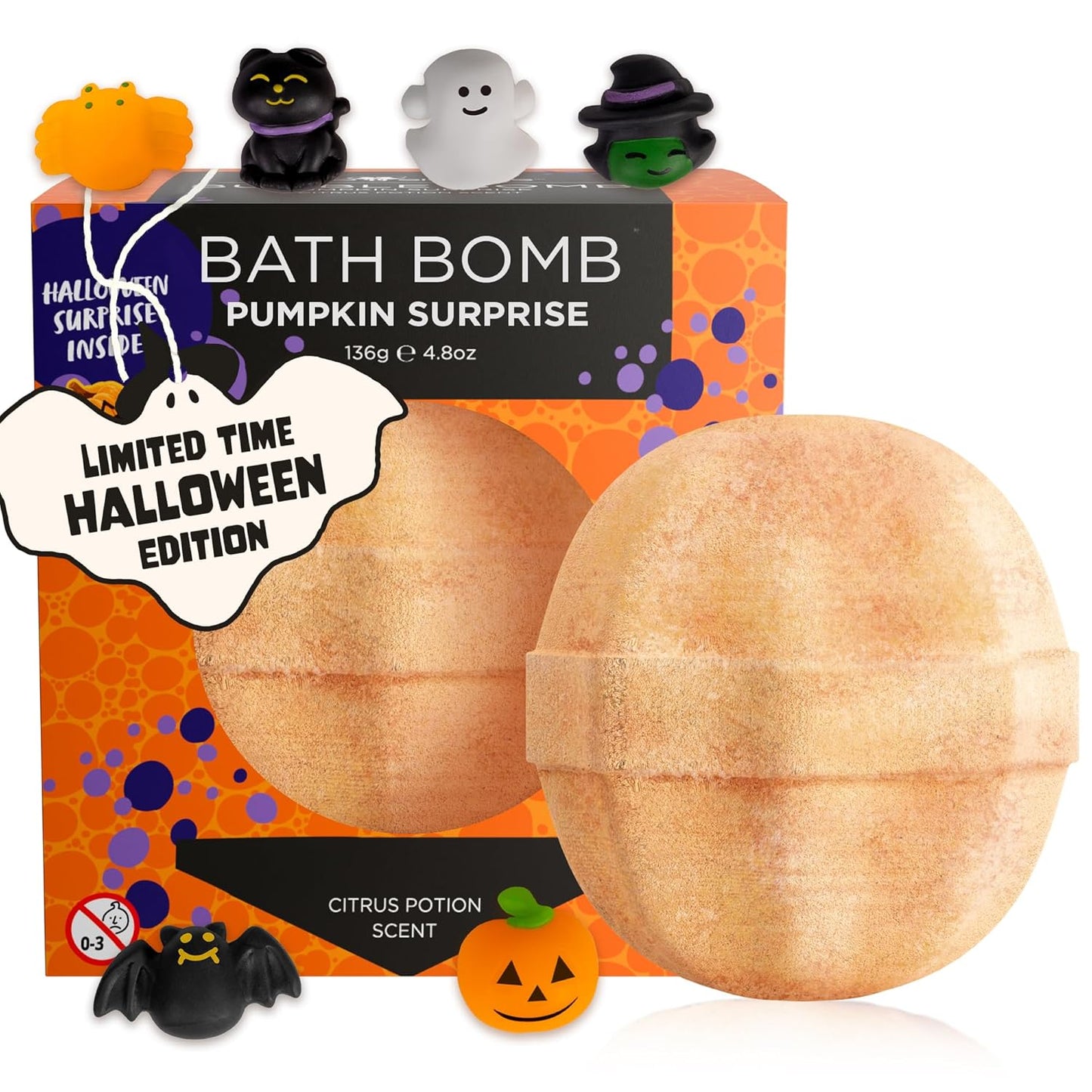 Halloween Bath Bomb for Kids with Surprise Halloween Toys Inside - Large Pumpkin Bath Bombs for Kids, Boys & Girls – Spooky Boo Basket Stuffers for Kids - Made in USA Bubble Bomb by Two Sisters