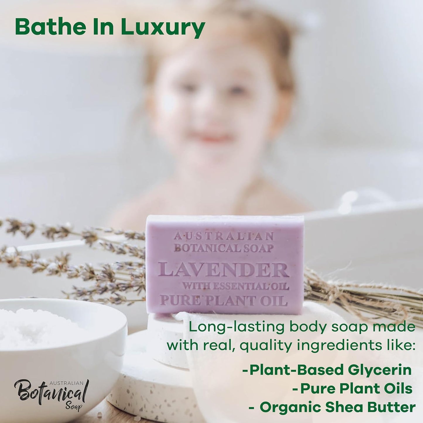 Australian Botanical Soap, 6.6 OZ, Lavender and Essential Oil, Triple Milled Bars made with a Natural Soap Base and Enriched with Organic Shea Butter, Pack of 8