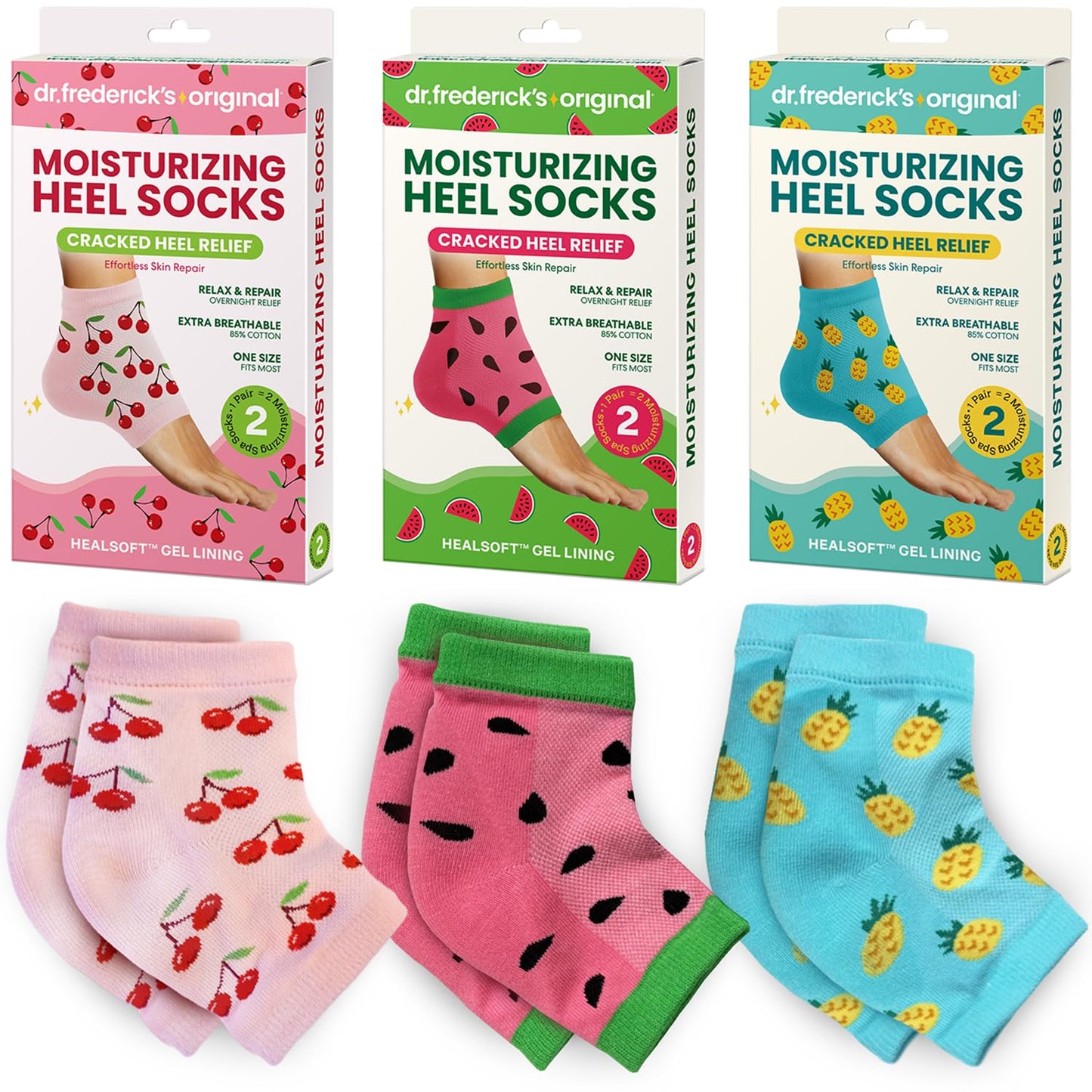 Dr. Frederick's Original Moisturizing Heel Socks for Cracked Heel Treatment - 3 Pairs - Stop Cracked Heels in Their Tracks - Summer Print