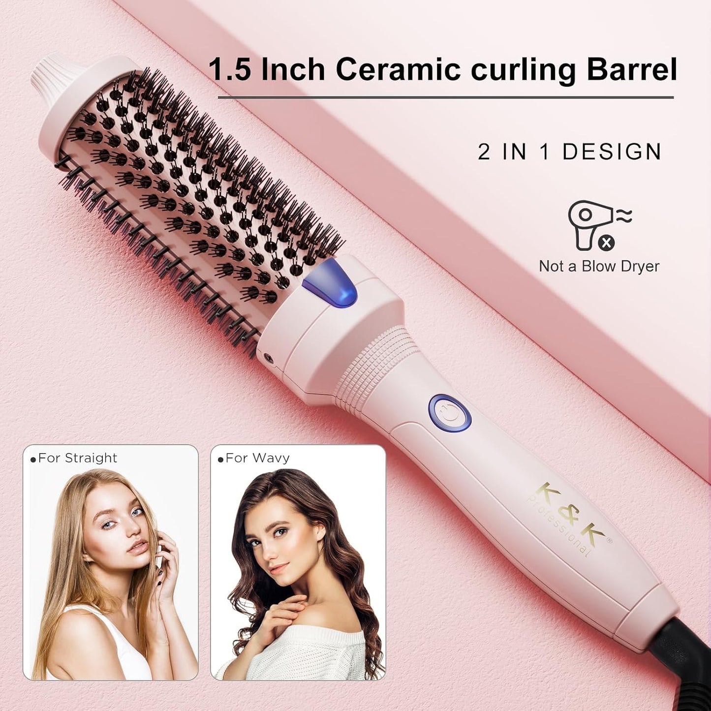 K&K 1.5 Inch Ceramic Tourmaline Ionic Curling Brush Volumizer - Hot Brush Creates Root Volume & Loose Curls, Volume Curls, Hair Styling Tool