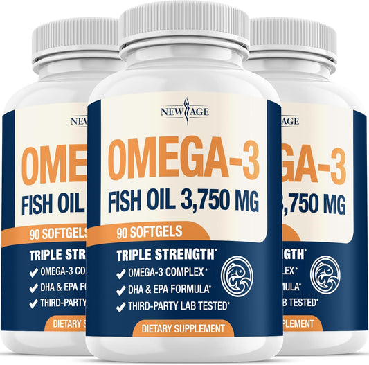 Triple Strength Omega 3 Fish Oil 3750 mg - EPA & DHA - Over 3000mg Omega-3 Fatty Acids - 1350mg EPA + 900mg DHA - Best Essential Fatty Acids, Burpless Fish Oil - 270 Count