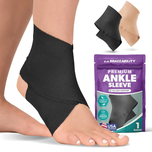 BraceAbility Elastic Ankle Support Brace - Lightweight Slip on Foot and Ankle Compression Sleeve for Gymnastics, Dance, Sports, Running, Exercise, and Sprained Ankle Swelling for Women and Men (Black, XX-Large)