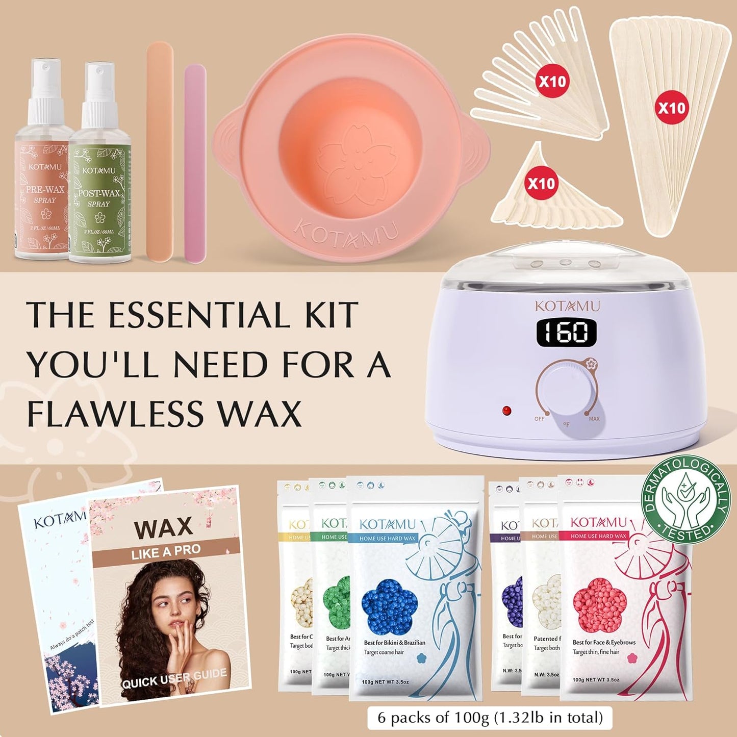 KOTAMU Waxing Kit for Women & Men, Wax Warmer for Hair Removal, Digital Wax Kit with SiliconePot，Ideal for Face Eyebrow Arm Legs Armpit &Sensitive Skin, Purple Waxing Machine With 44 Accessories