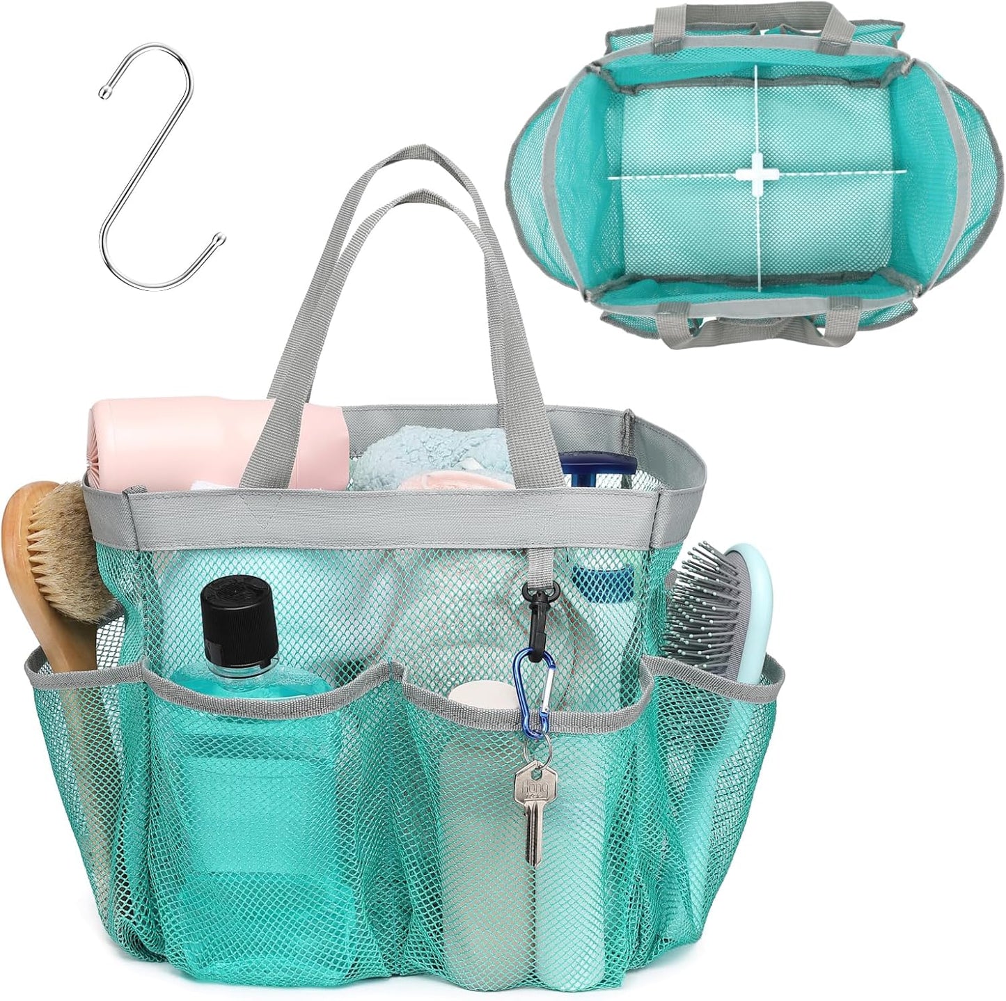 F-color Mesh Shower Caddy Portable with Dividers - Upgrade Deeper 7 Pockets Dorm Room Essentials with S Hook, Shower Bag Basket Tote for Guys Girls College Camping Toiletry Bathroom, Mint Green