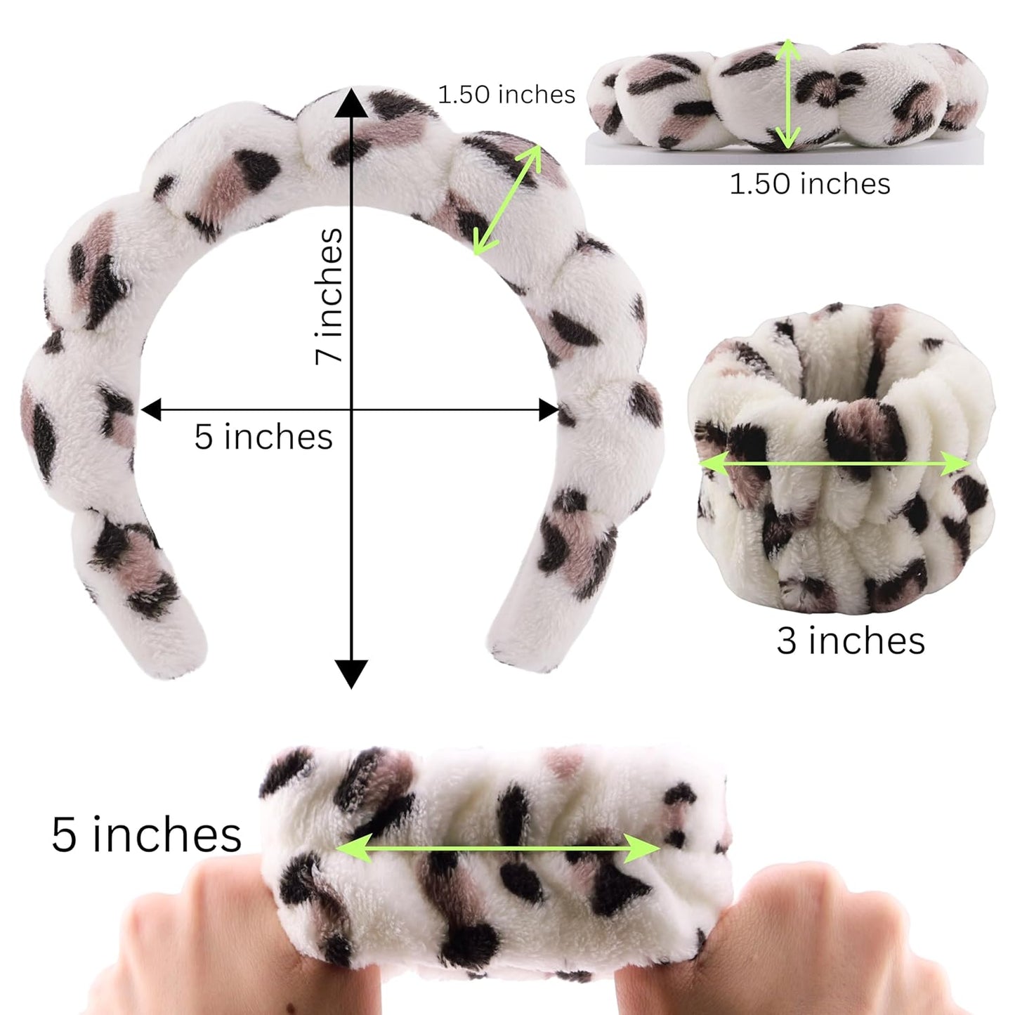 Spa Headband Wrist Band for washing face set Sponge Makeup Skincare Headband Wrist Towels Bubble Soft Terry Towel Cloth Hairband for Women Puffy Headwear Non Slip Thick Thin Hair Headwear (Leopard)