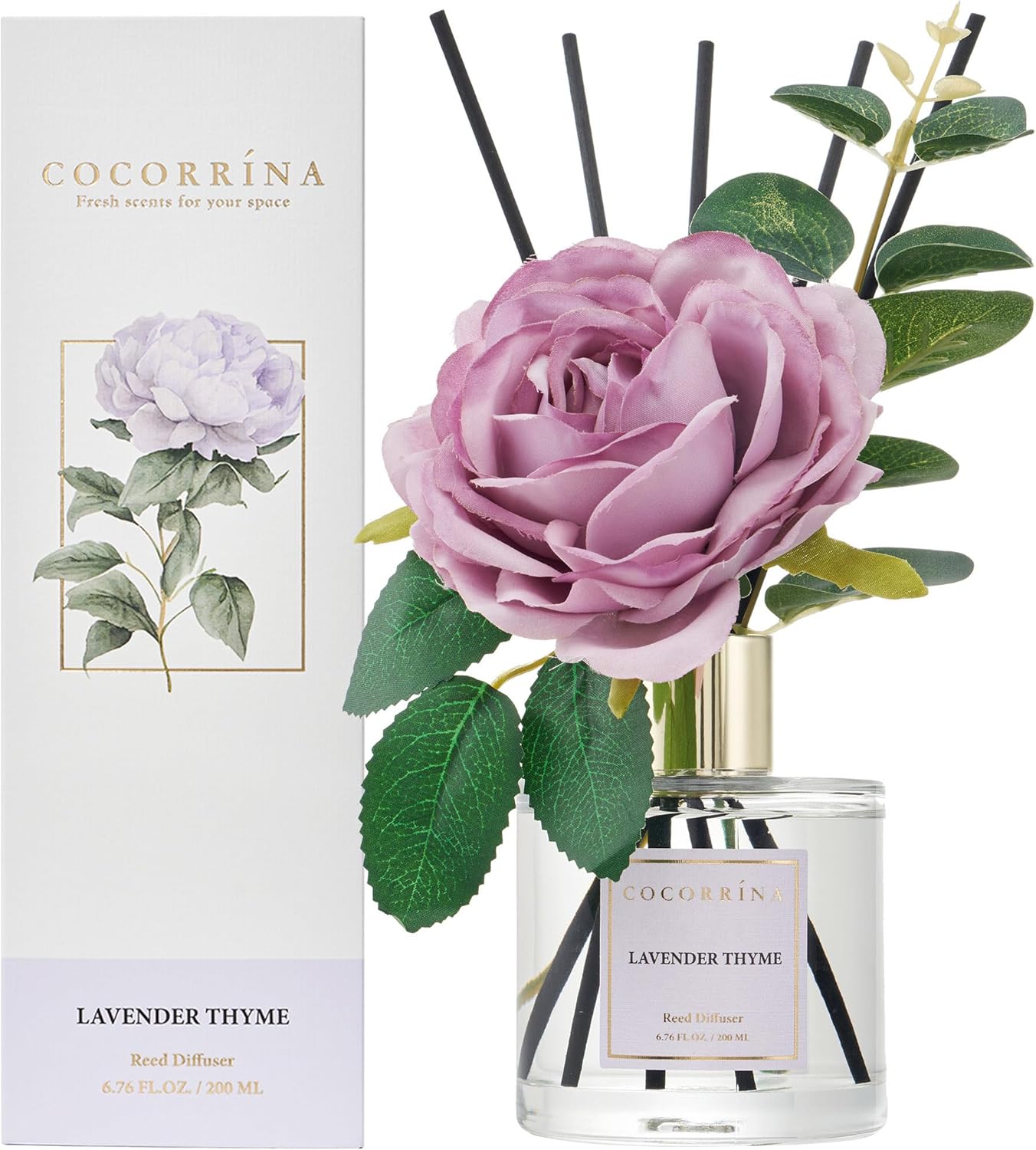 Cocorrína Flower Reed Diffuser - Lavender Thyme 6.7oz Scented Diffuser with Sticks Home Fragrance Essential Oil for Bathroom Shelf Decor (Artificial Flower)