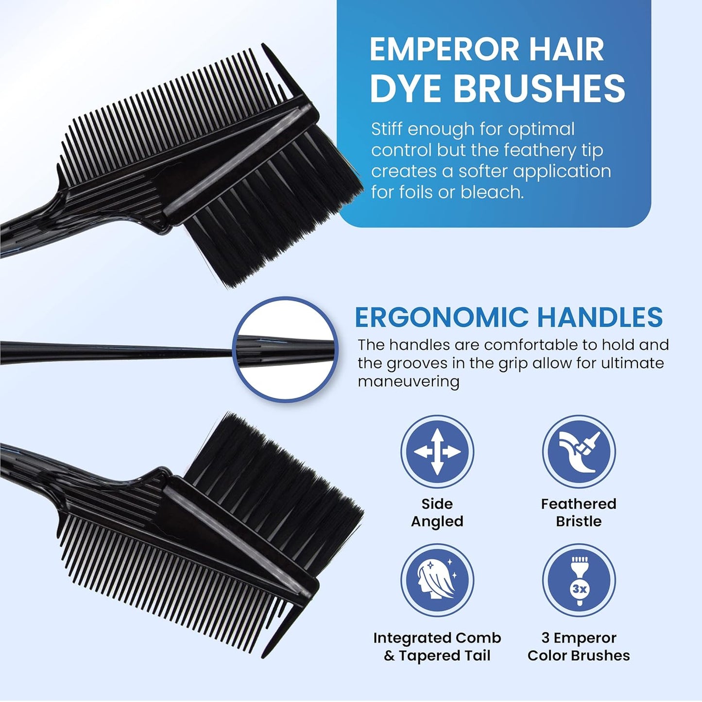 Emperor Hair Dye Brushes - 3 Angled Tint Applicators With Integrated Combs - Root Touch Up and Color Brush for Salon (Black)