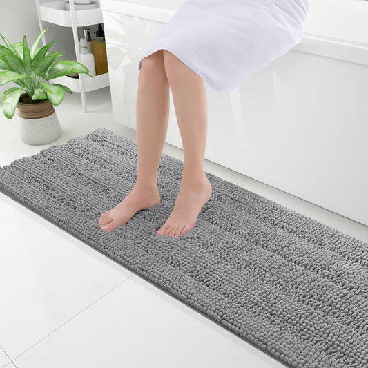 Grandaily Chenille Striped Bathroom Rugs 59x20, Extra Thick and Absorbent Bath Mats, Non-Slip Soft Plush Shaggy Shower Carpet, Machine Wash Dry, Bath Rug for Bathroom, Dark Gray
