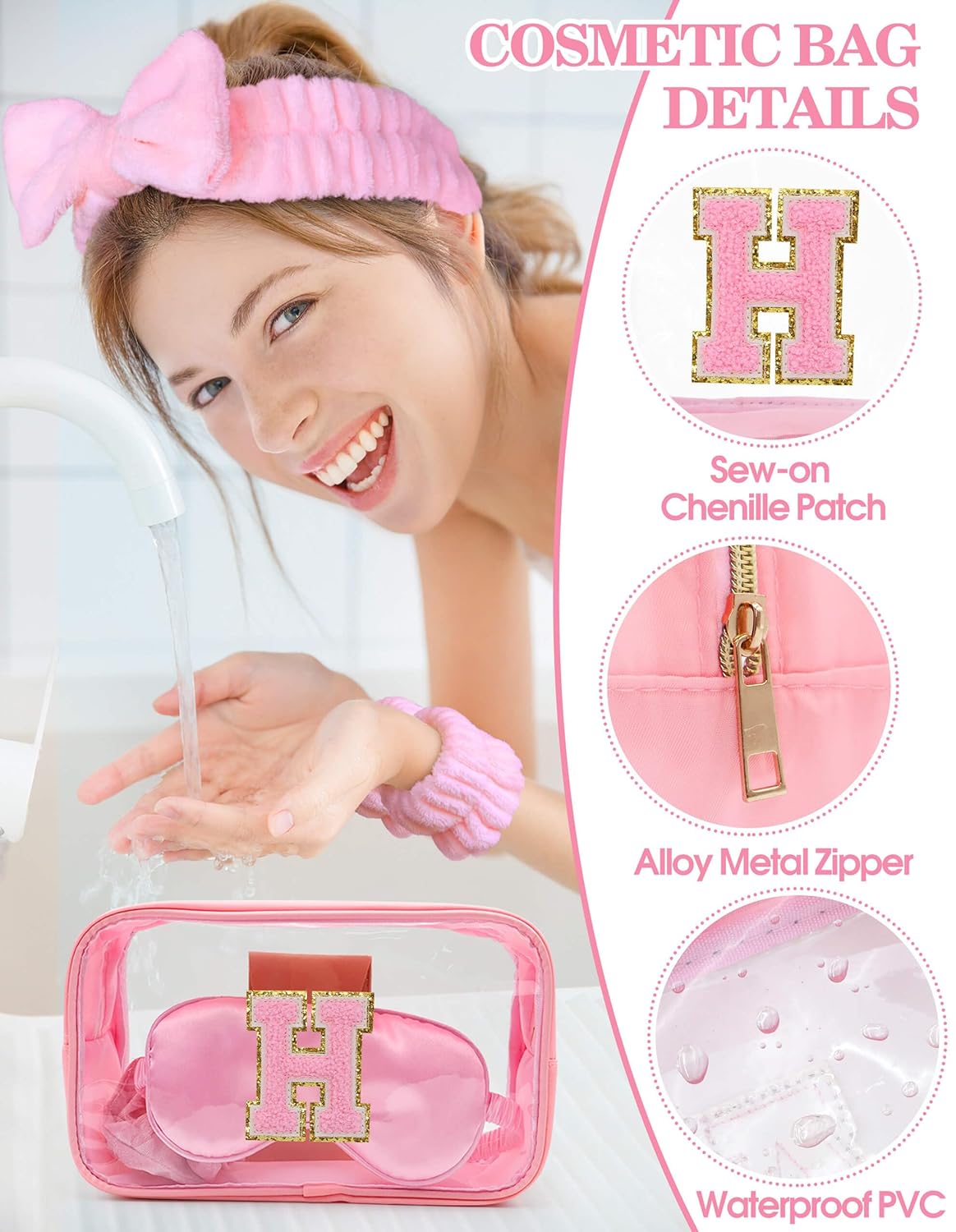 Gift Sets for Women, Initial Makeup Bag with Makeup Brush Set Bachelorette Party Favors, Pink Spa Kit with Skincare Headbands Wrist Bands Sleepover Party Supplies Gifts for Teen Girls Bridesmaid H