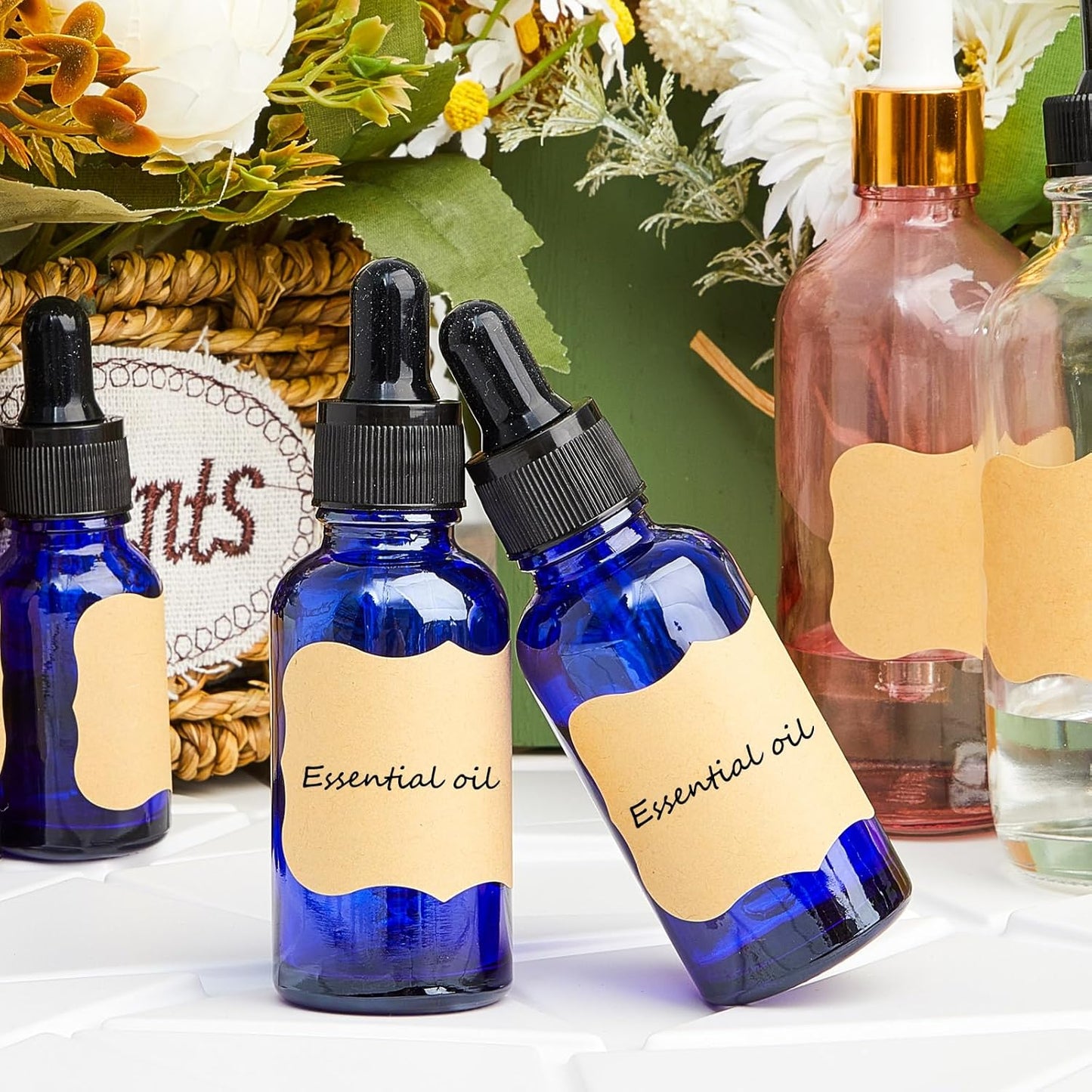 Lallisa 100 Pack Essential Oil Dropper Bottle 30 ml (1 Oz) Glass Dropper Bottles DIY for DIY Essential Oil Perfume with 5 Funnels 5 Pipettes 3ml 100 Labels for Bathrooms, Hotels, Labs (Blue)