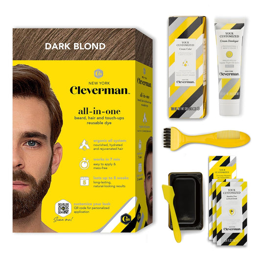 Cleverman Hair & Beard Dye Kit for Men, All-in-One Reusable Mens Hair Color, Natural Gray Coverage, Ammonia-Free Beard Mustache Dye for Men (Dark Blonde)